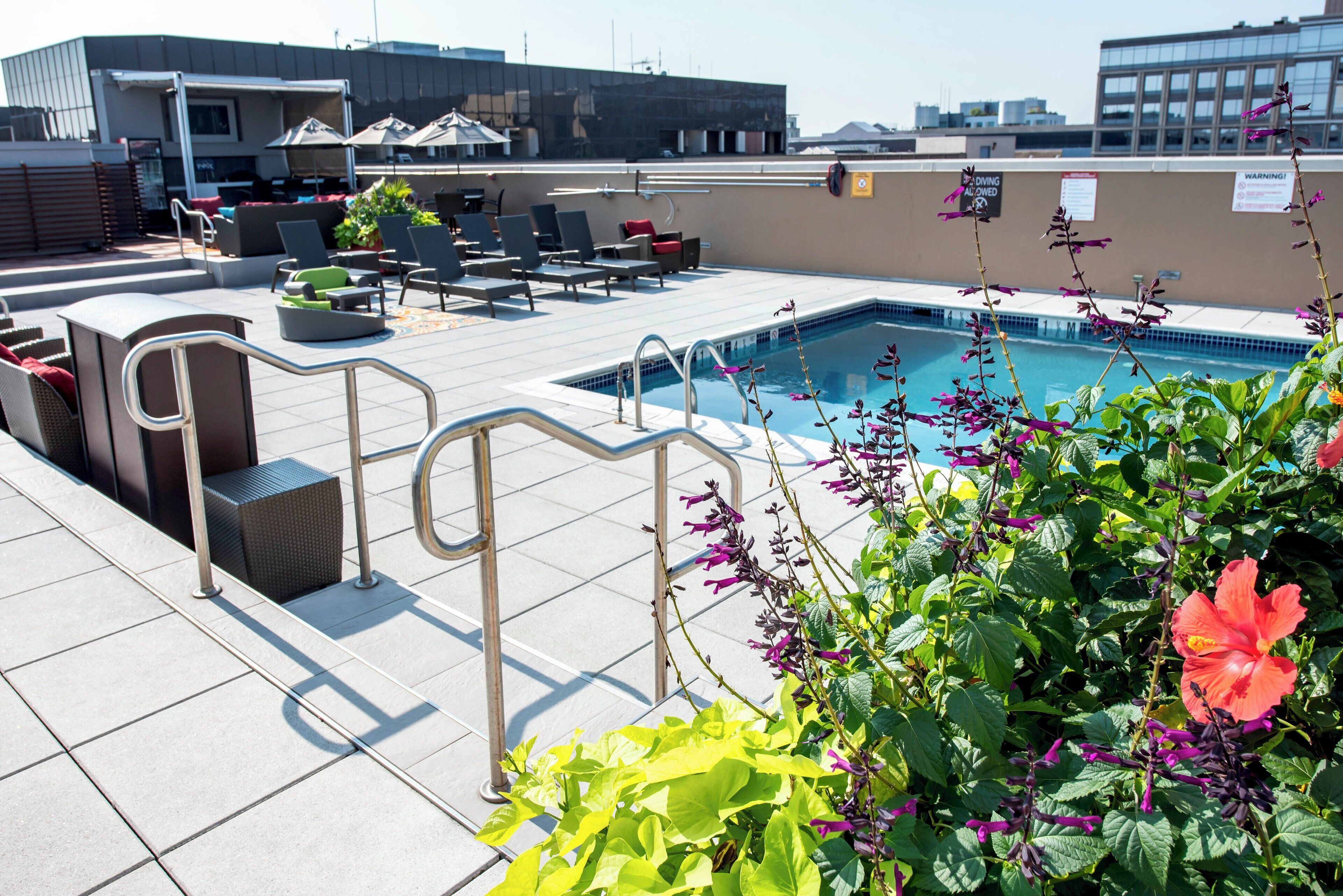 A rooftop pool area with lounge chairs and a pool.