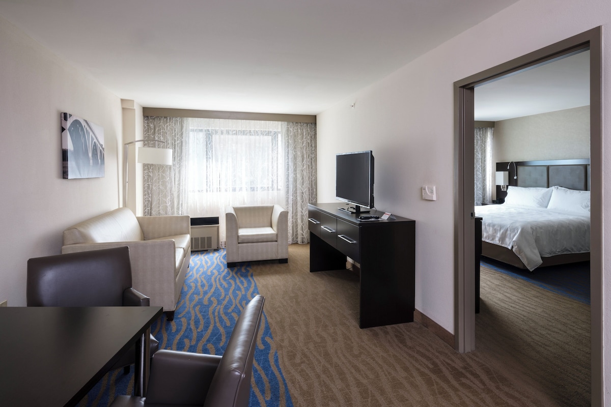 A hotel room with a bed, a desk with a TV, a sofa, a chair, a window with curtains, and a carpeted floor.