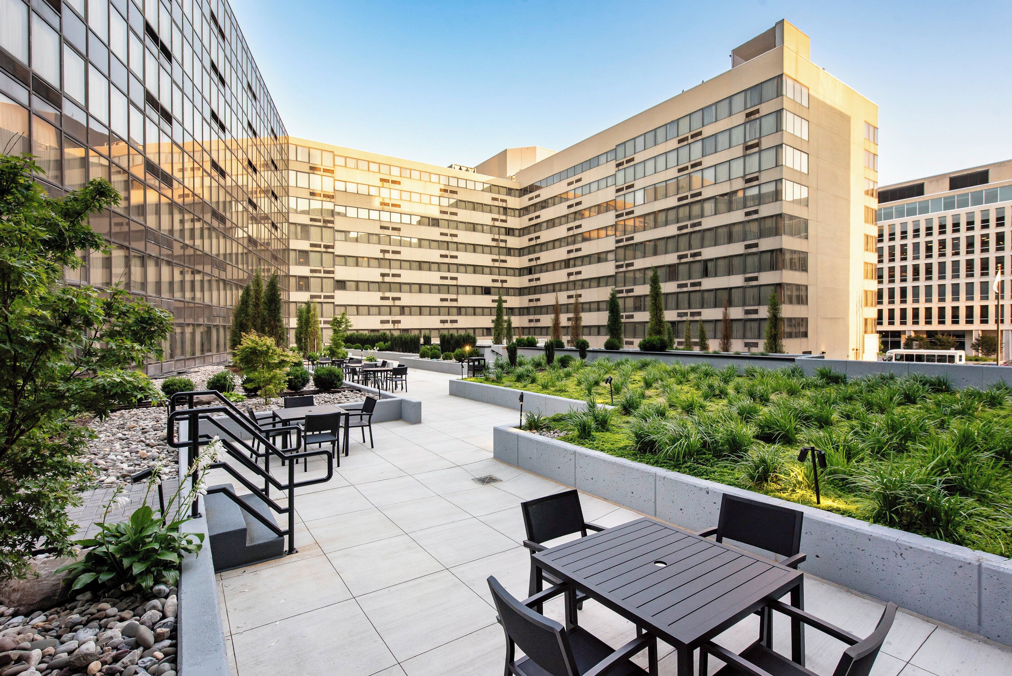 Terraza en la azotea con mobiliario exterior, rodeada de vegetación y edificios modernos.