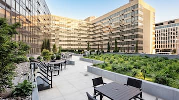 Terraza en la azotea con mobiliario exterior, rodeada de vegetación y edificios modernos.