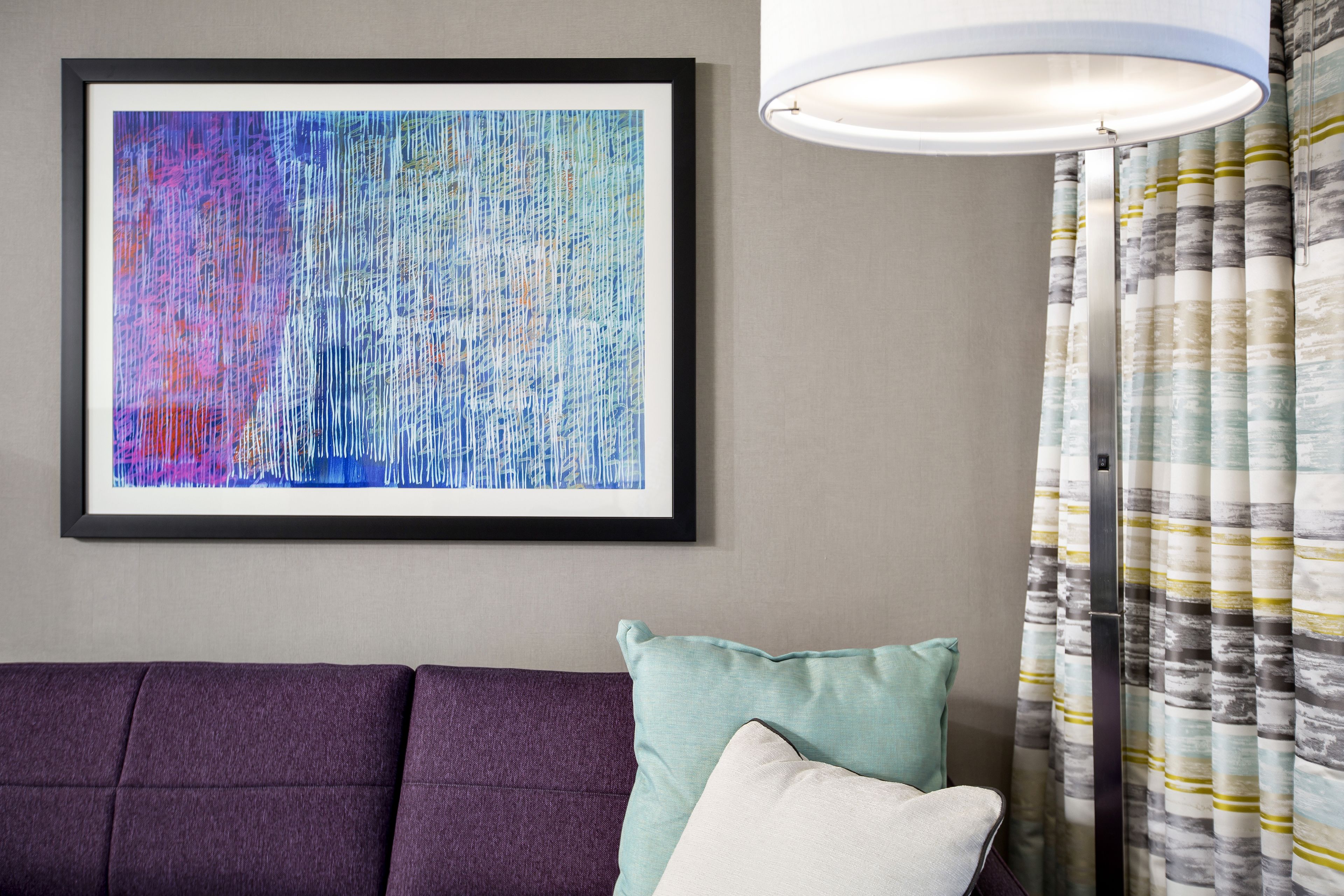 Premium bedding, desk, laptop workspace, blackout curtains