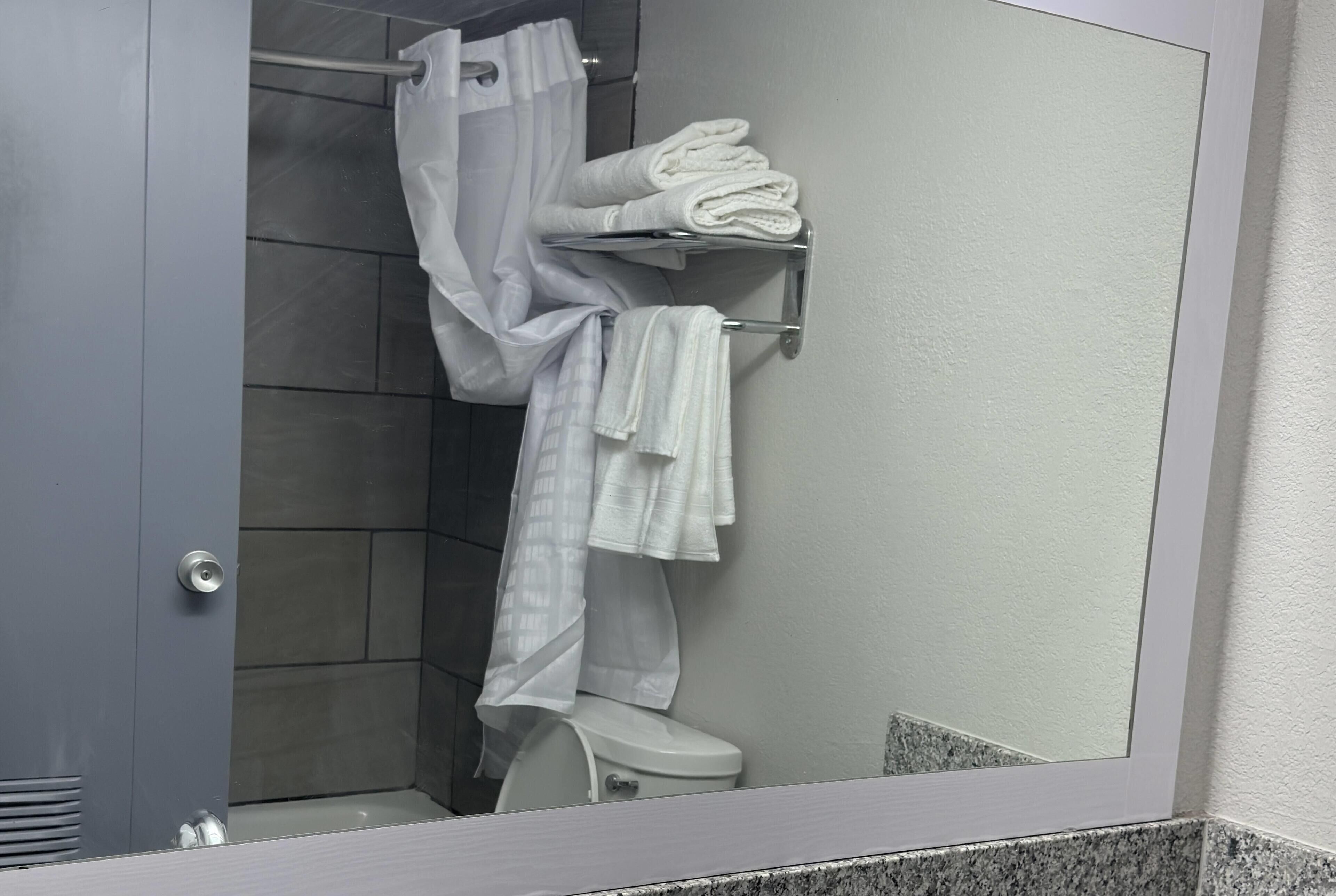 A bathroom with a shower, a toilet, and a towel rack with folded towels.