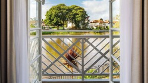Une vue depuis un balcon doté d’une balustrade en métal, donnant sur une rivière et une rue bordée d’arbres.