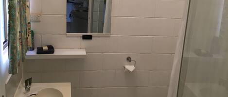 A bathroom with a sink, mirror, toilet, and shower.