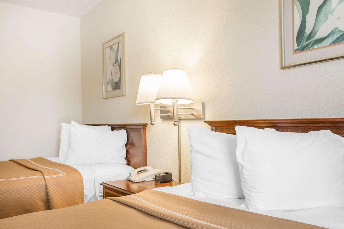 Quarto de hotel com duas camas, uma mesa de cabeceira com abajur e um quadro na parede.