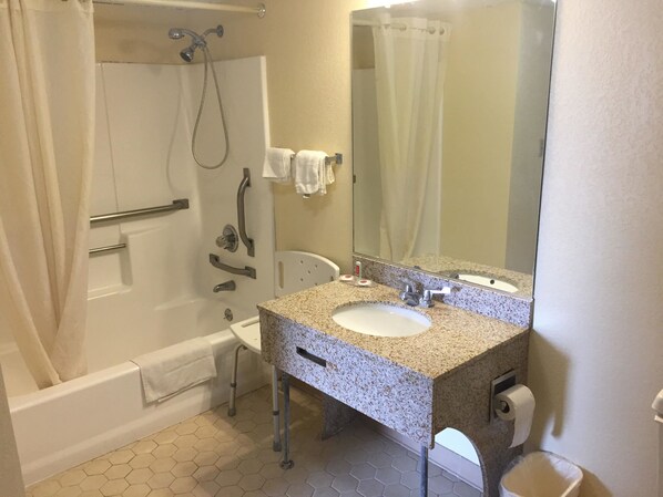 A bathroom with a white sink, a large mirror, a shower with a handheld showerhead, and a toilet.