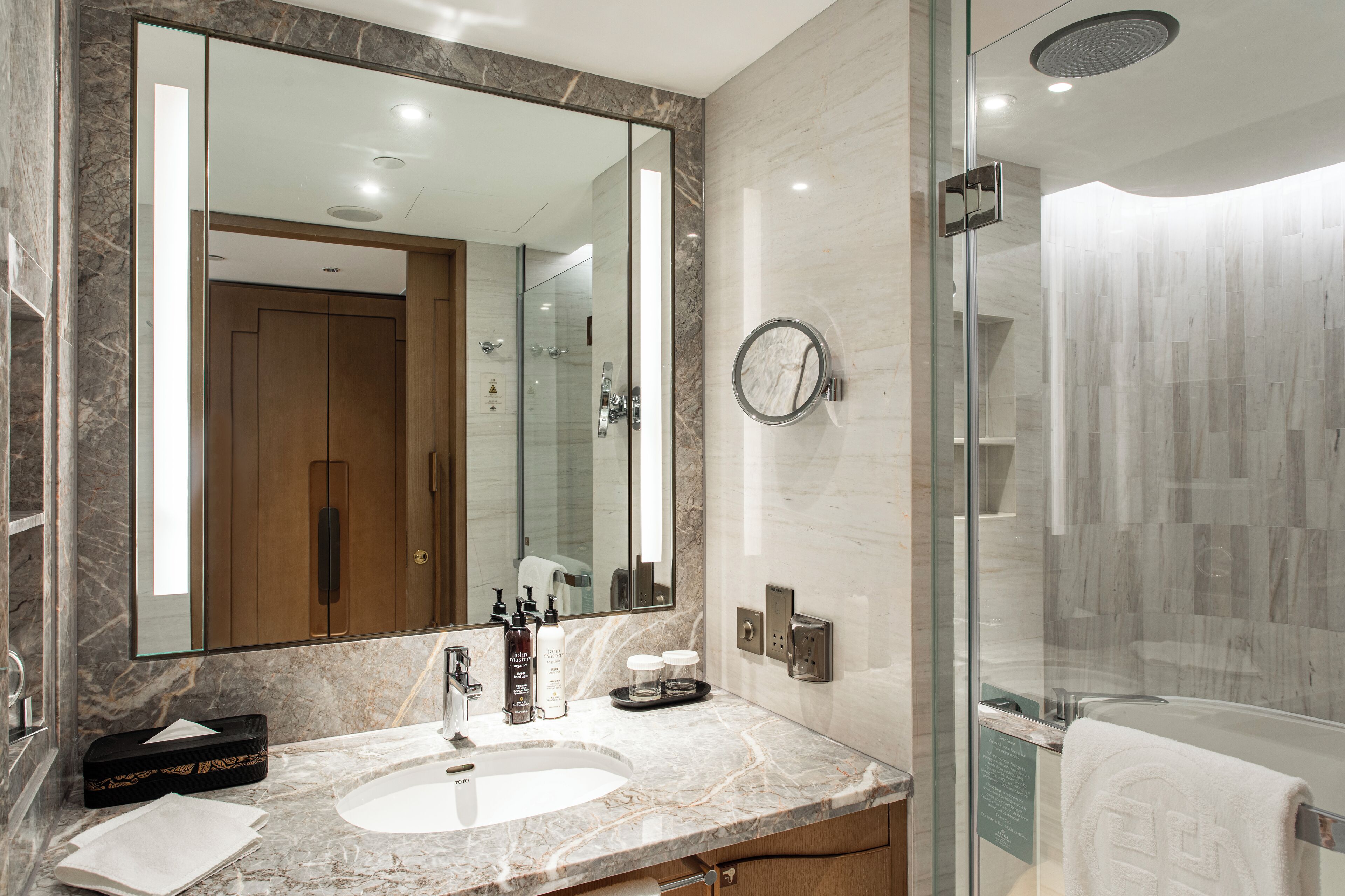 shower, rainfall showerhead, hair dryer, bathrobes