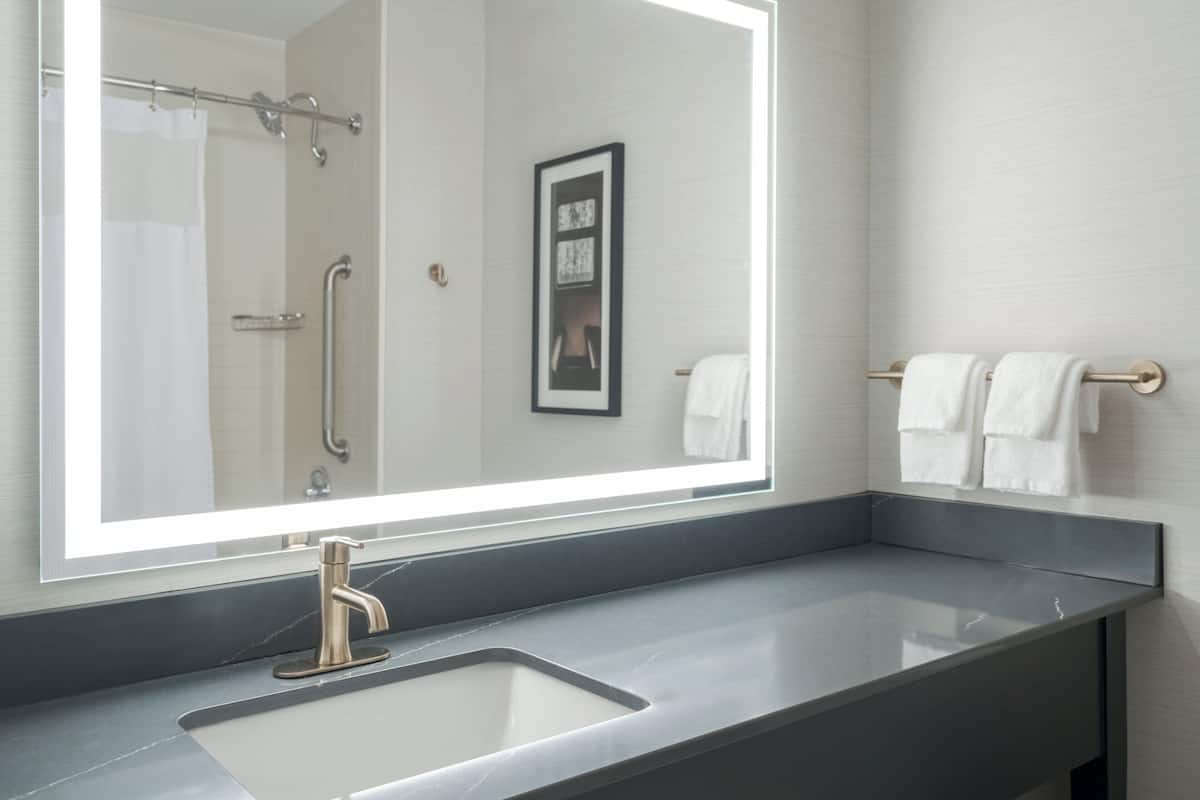 combined shower/bathtub, free toiletries, hair dryer, towels
