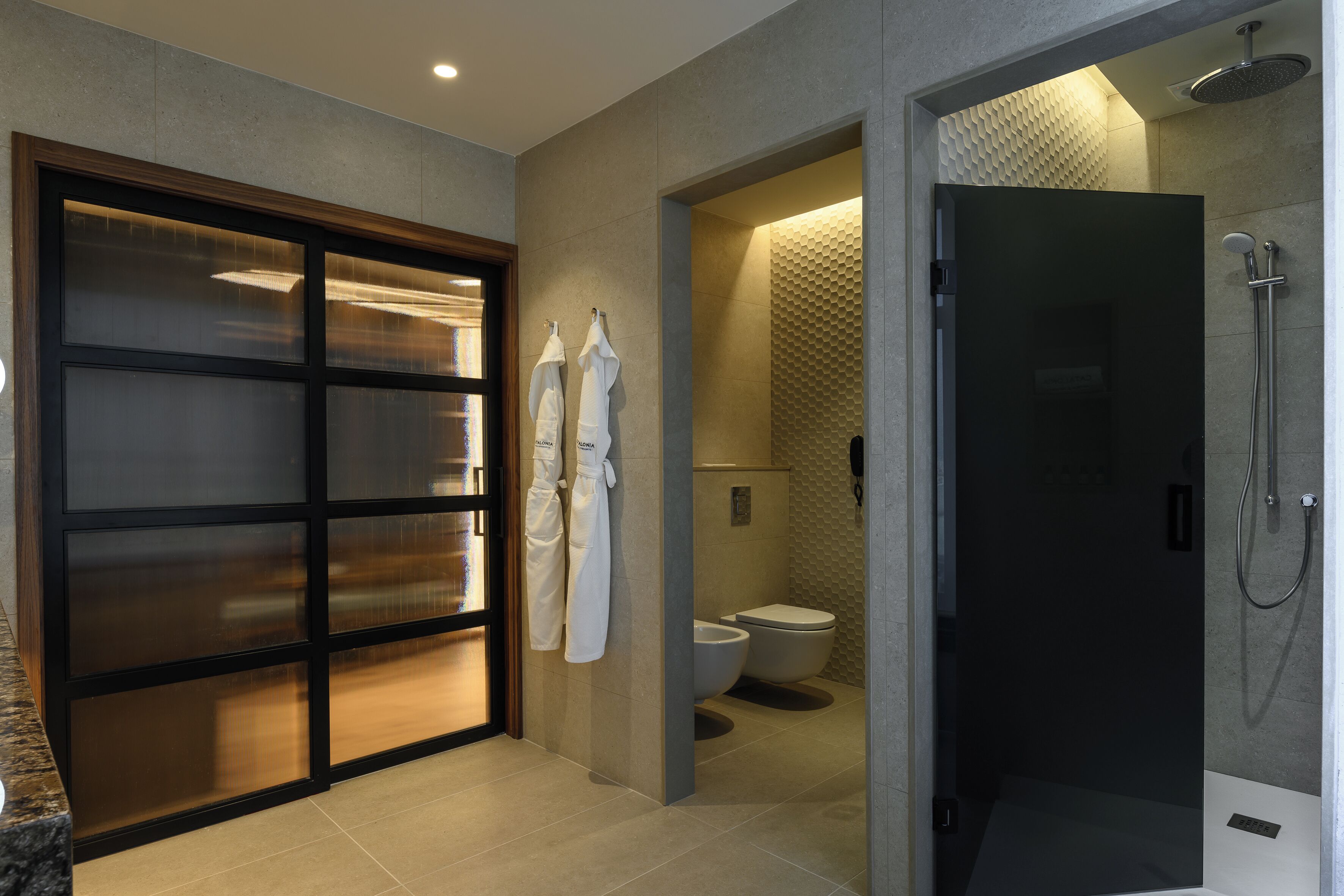 A modern bathroom with a glass shower enclosure, a toilet, and a vanity with a sink.