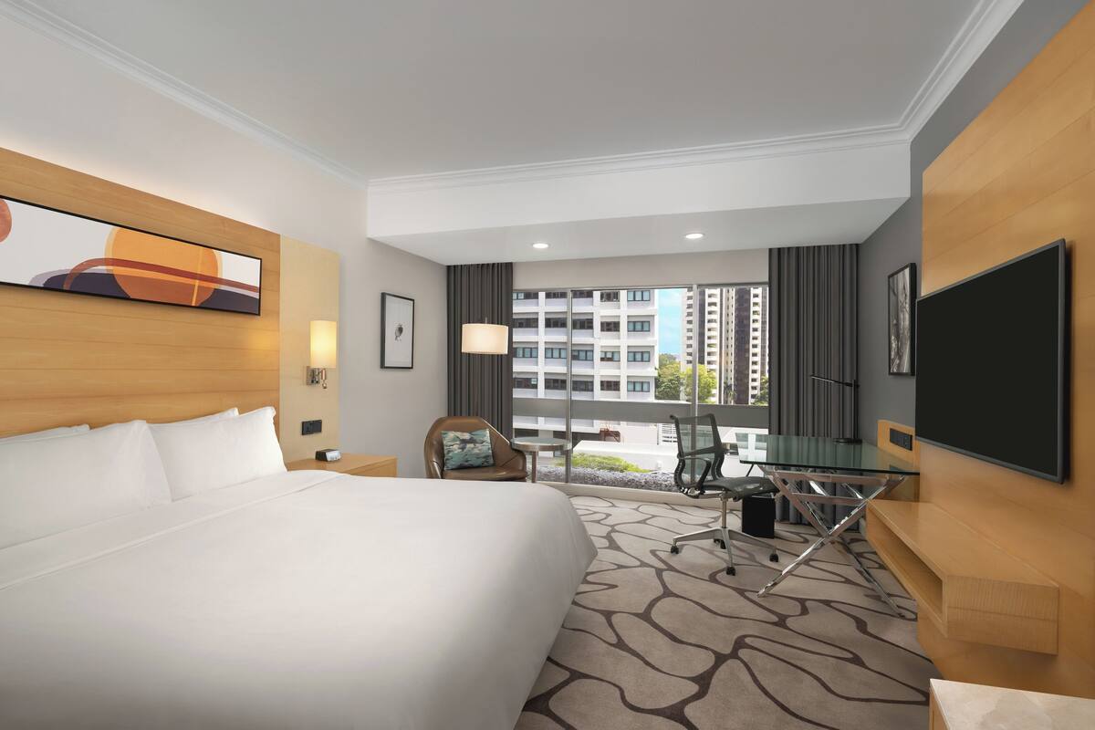 Habitación de hotel con una cama grande, un escritorio con una silla, un televisor y vistas a edificios.