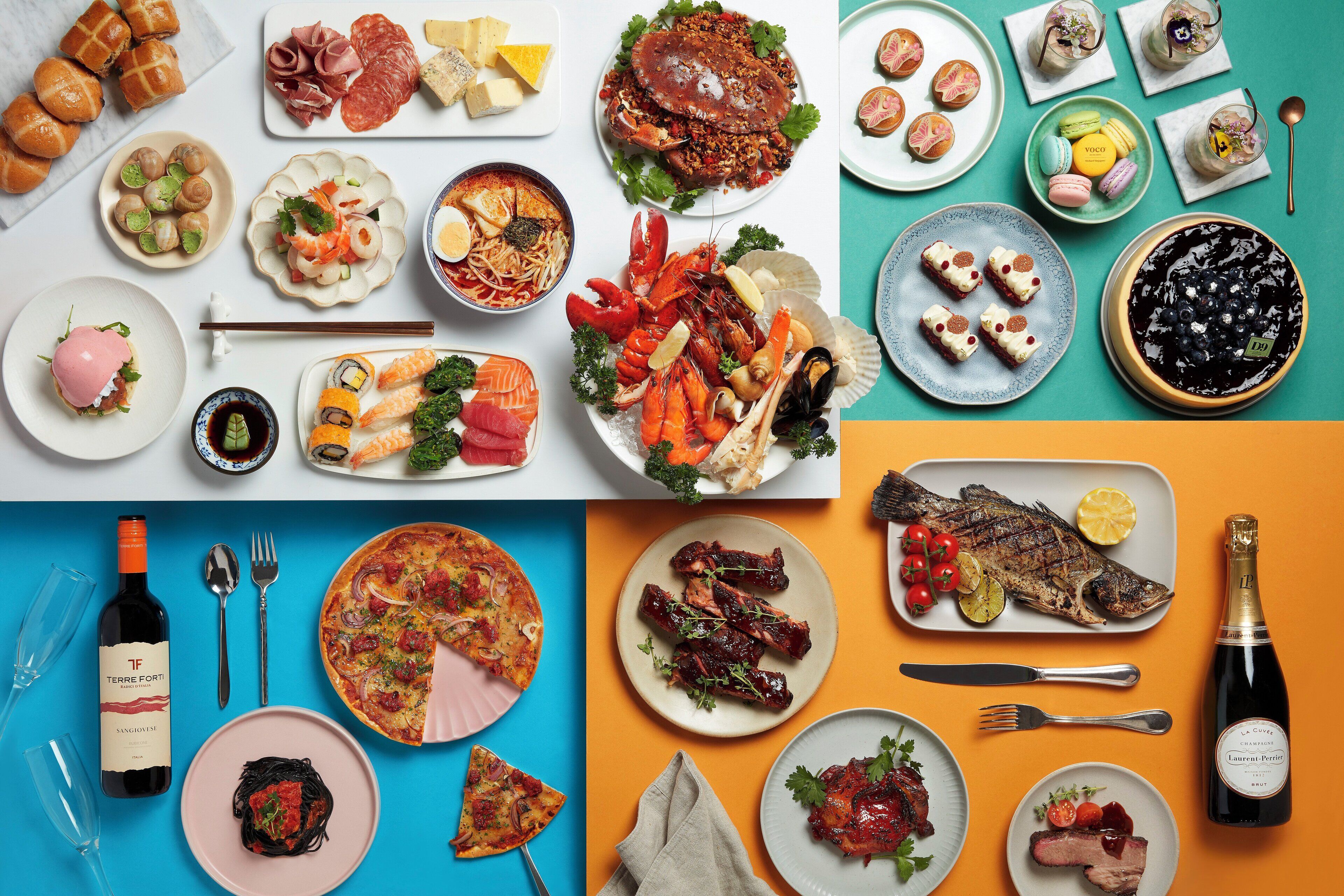 A variety of dishes including seafood, pasta, and grilled meats, arranged on a table.