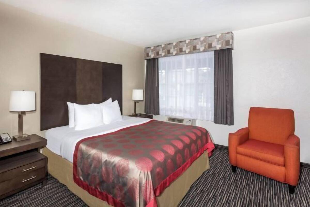 Premium bedding, desk, laptop workspace, blackout curtains