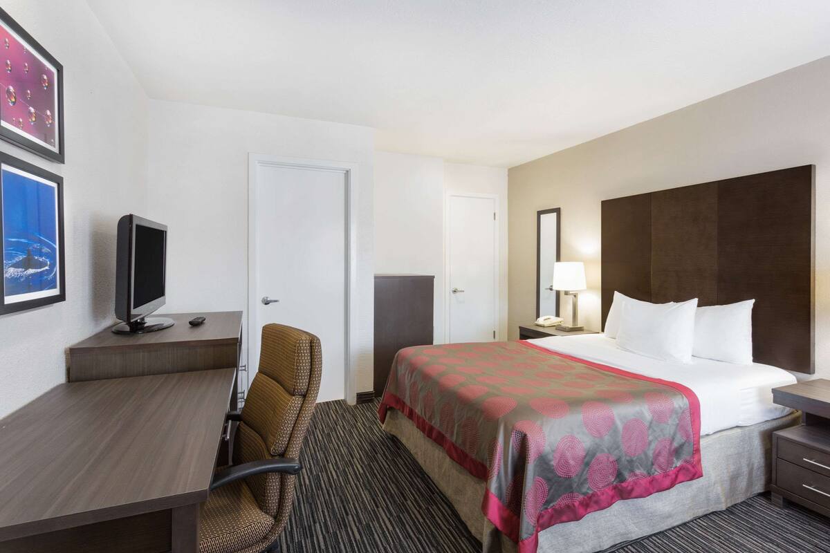 A hotel room with a bed, desk, chair, television, and a door.