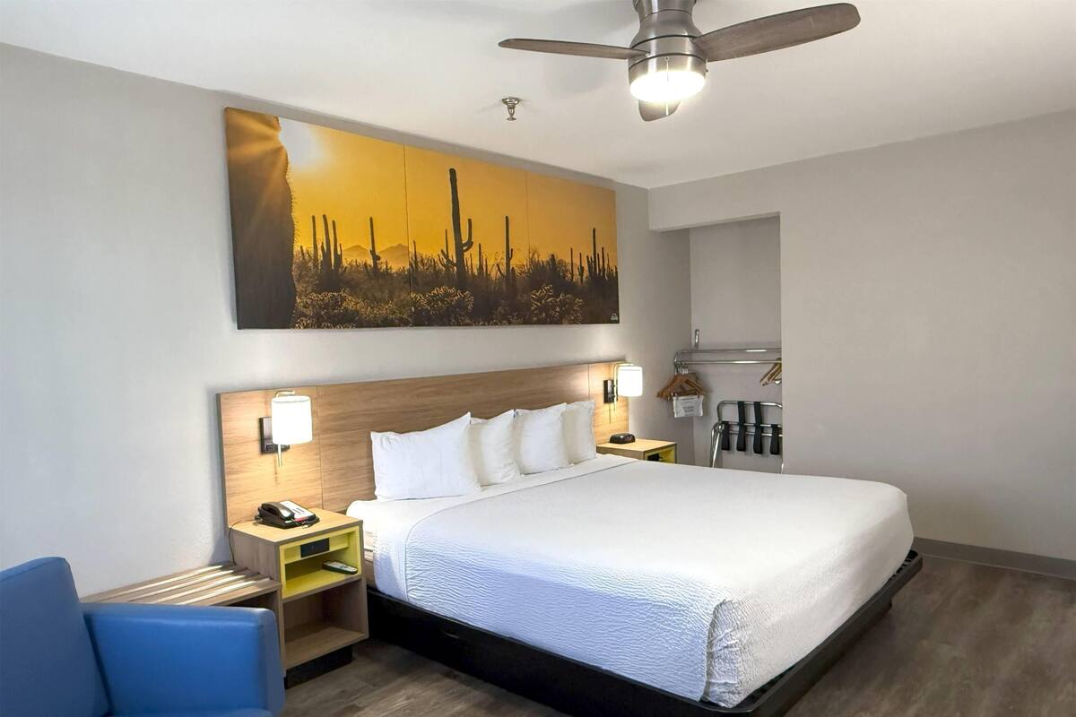 Une chambre d’hôtel avec un grand lit, un ventilateur de plafond, une table de chevet avec un téléphone, un bureau avec une lampe et un porte-manteau fixé au mur.
