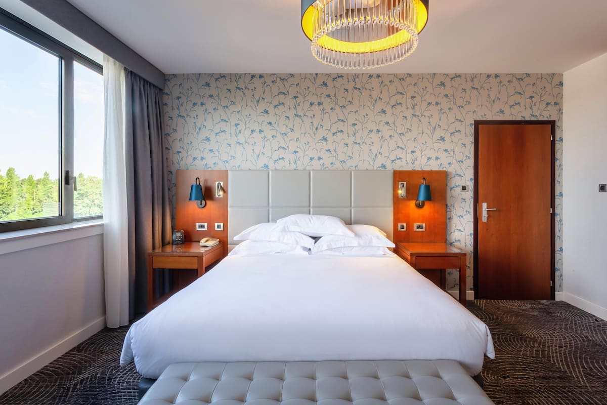 A hotel room with a large bed, two bedside tables with lamps, a wooden door, and a window with curtains.