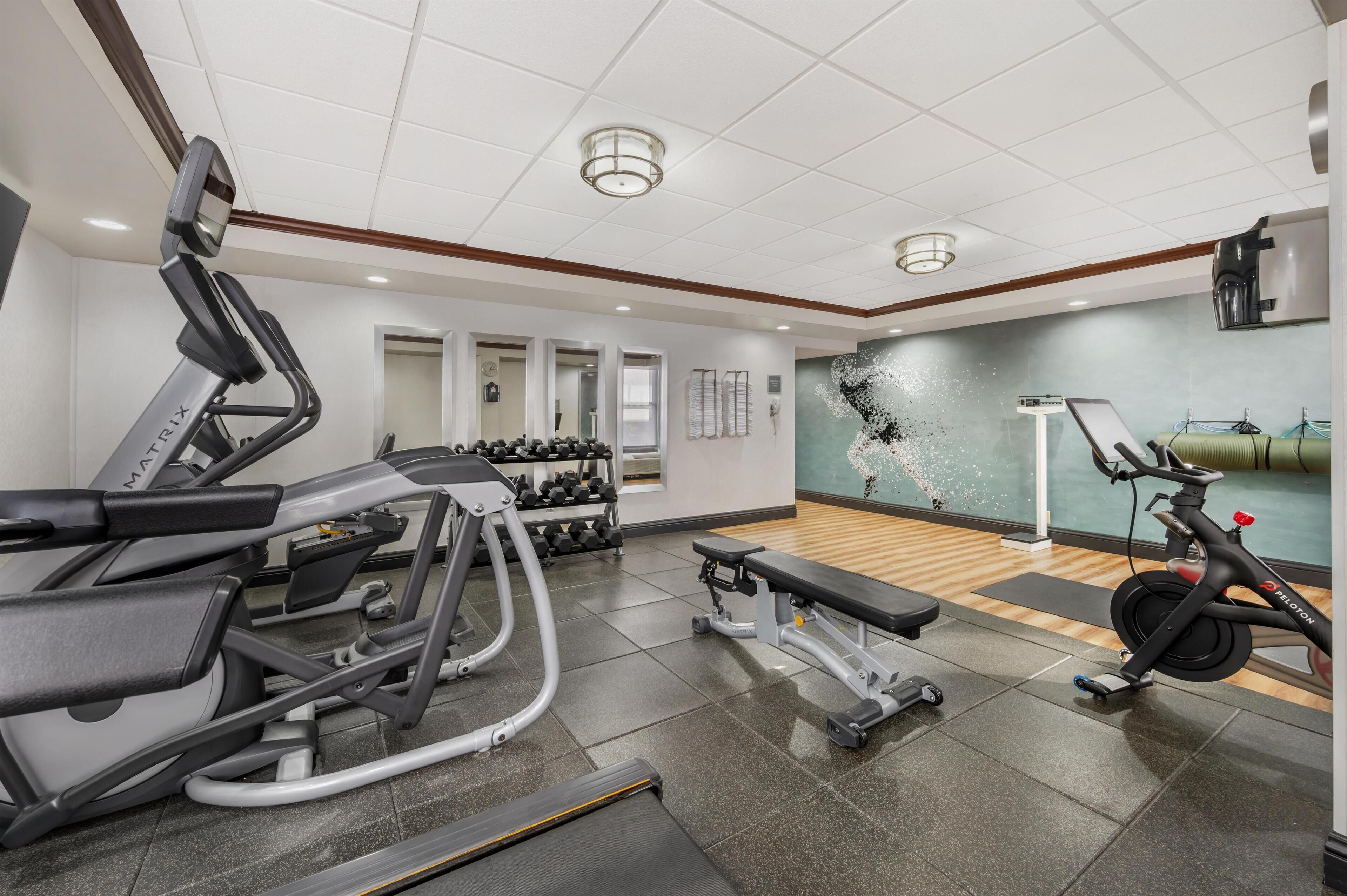 Un gimnasio con equipamiento cardiovascular, mancuernas y una bicicleta estática de pared.