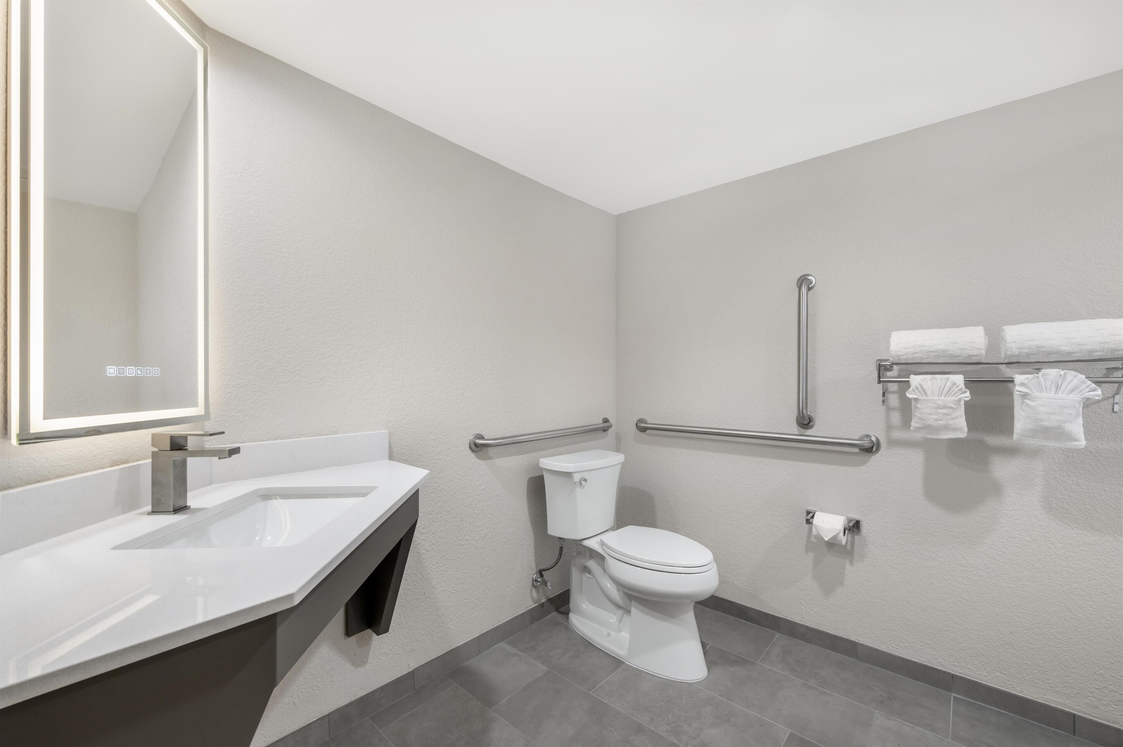 A modern bathroom with a white sink, toilet, and handrails.