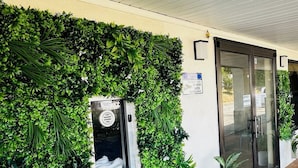Un edificio con un muro verde, una ventana y un letrero, y una puerta.