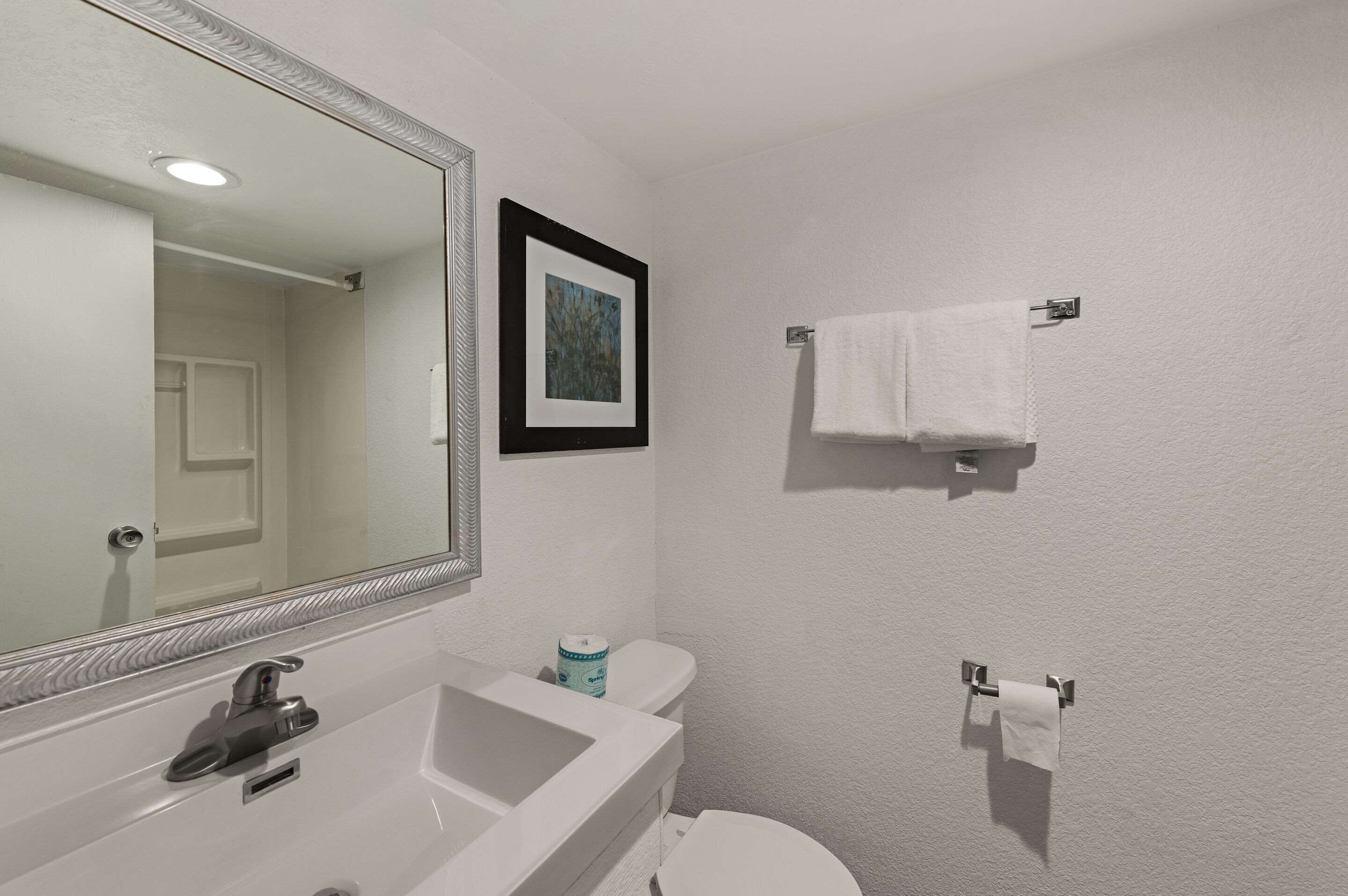 Un baño con un lavabo blanco, un espejo, un inodoro y un cuadro enmarcado en la pared.