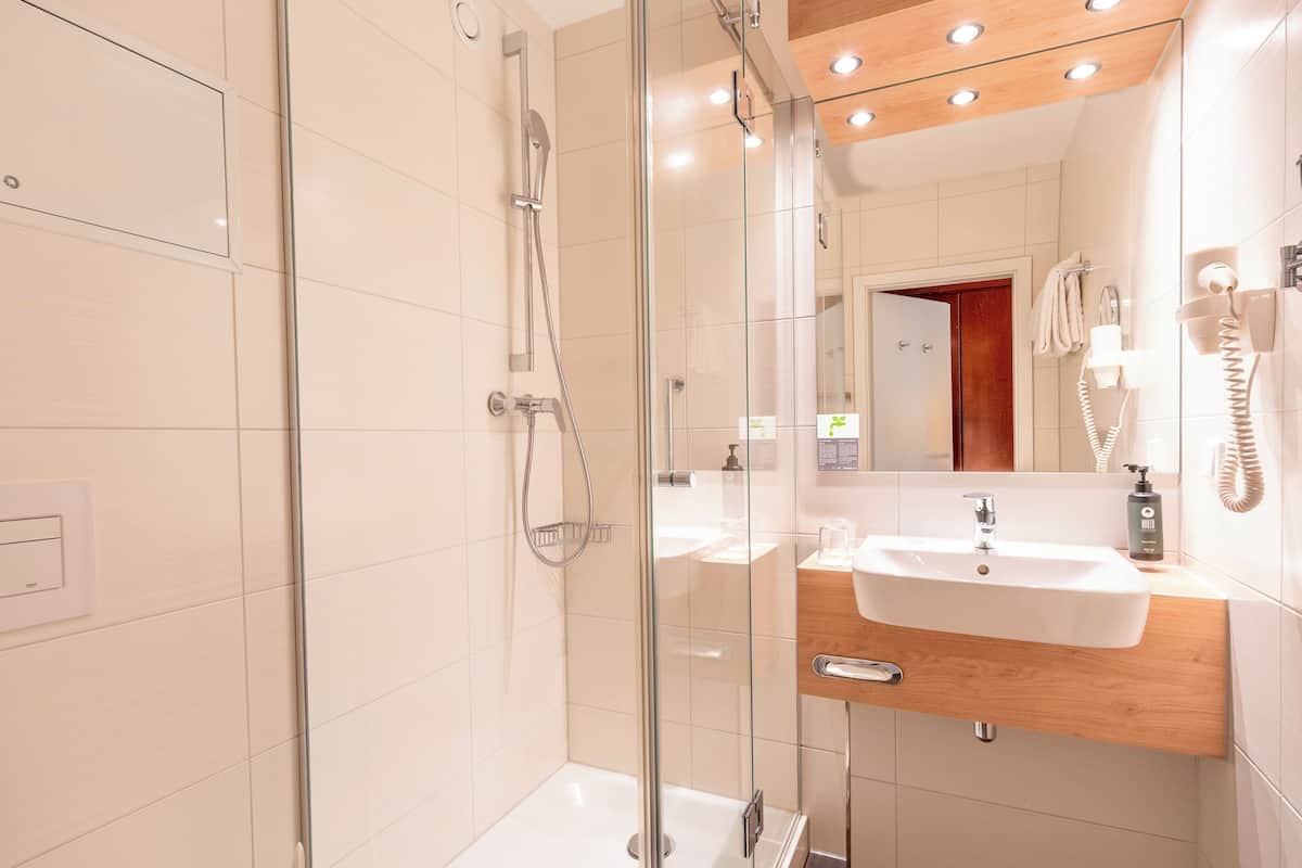 hair dryer, towels, soap, toilet paper