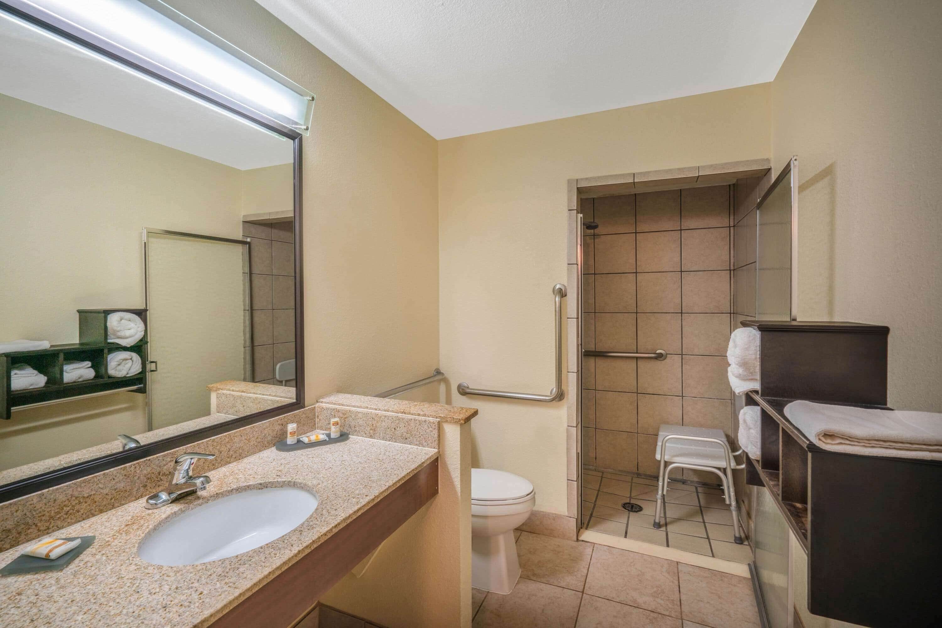 combined shower/bathtub, free toiletries, hair dryer, towels