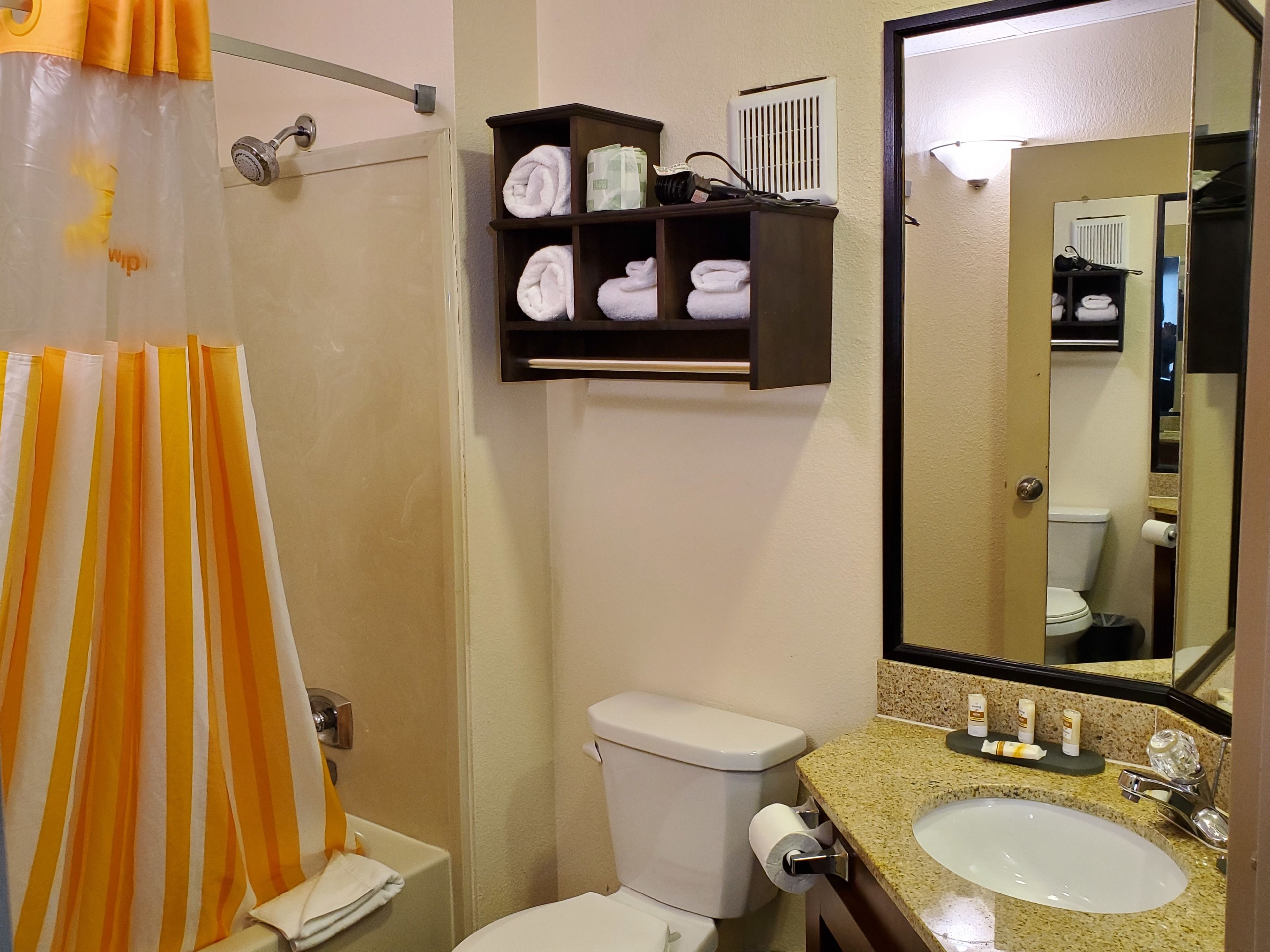 combined shower/bathtub, free toiletries, hair dryer, towels