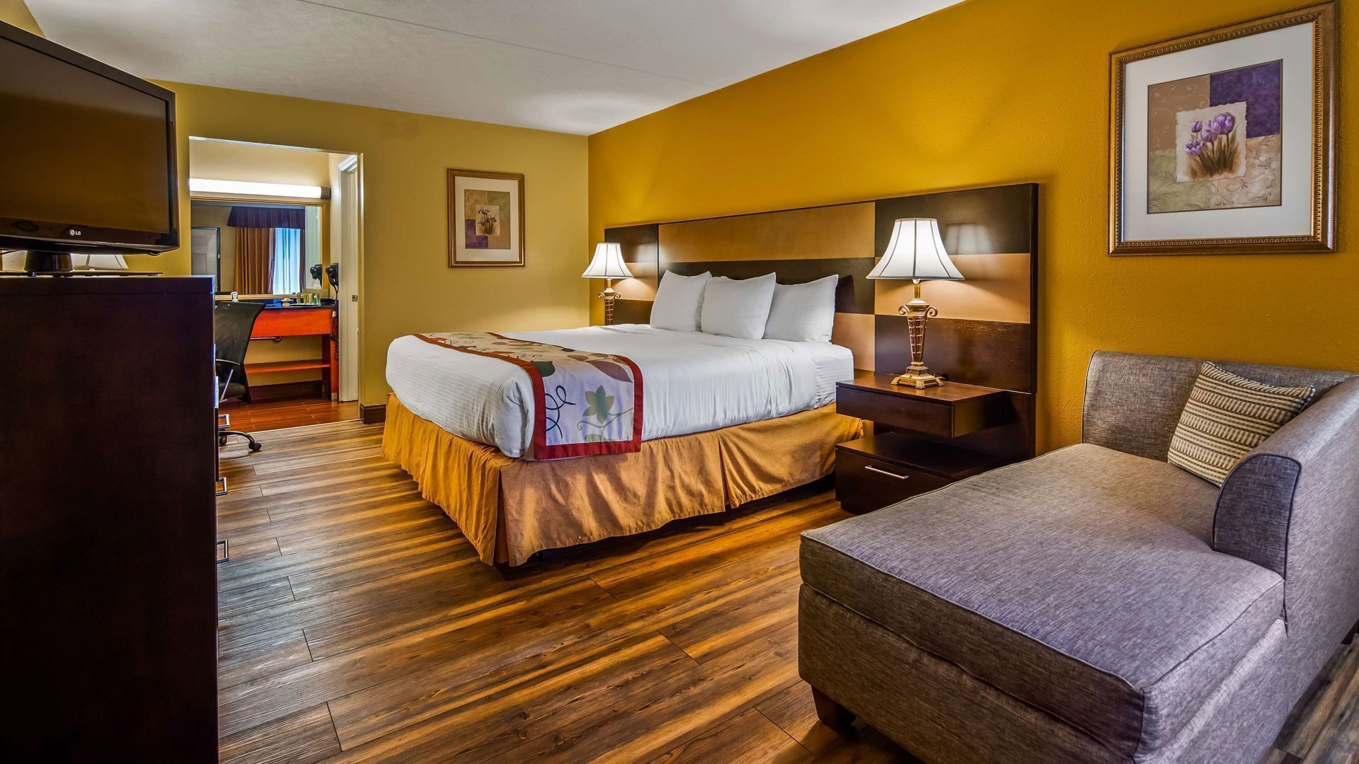 Desk, laptop workspace, blackout curtains, iron/ironing board