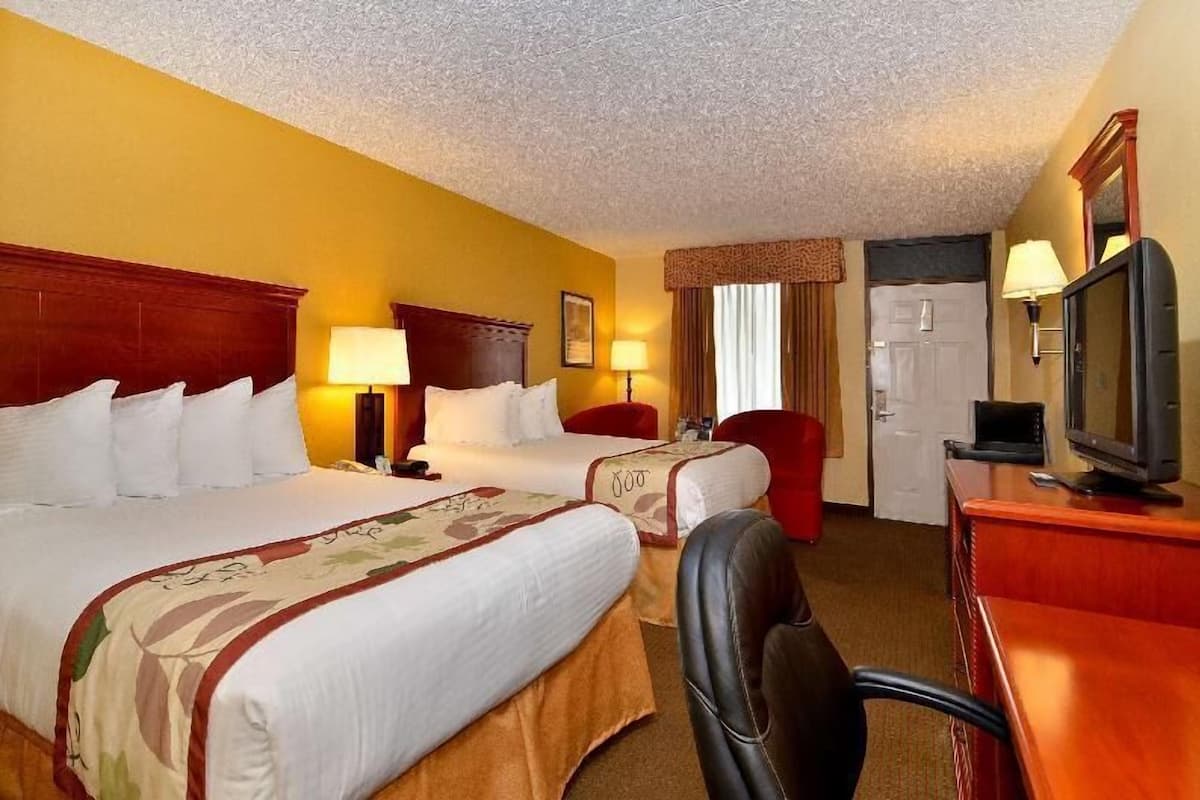 Desk, laptop workspace, blackout curtains, iron/ironing board