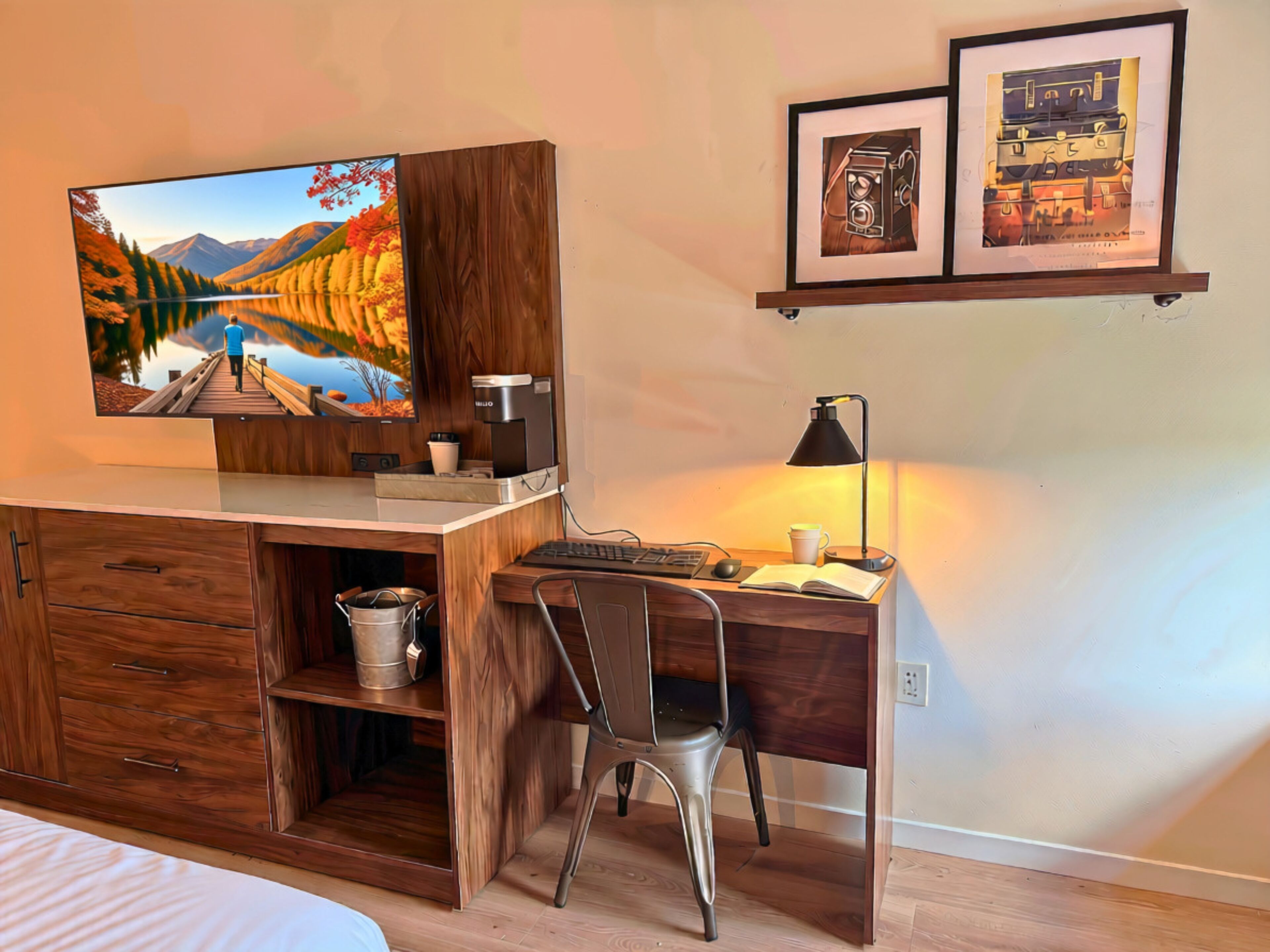 A hotel room with a wooden desk, a chair, a coffee machine, a television, and a shelf with framed pictures.