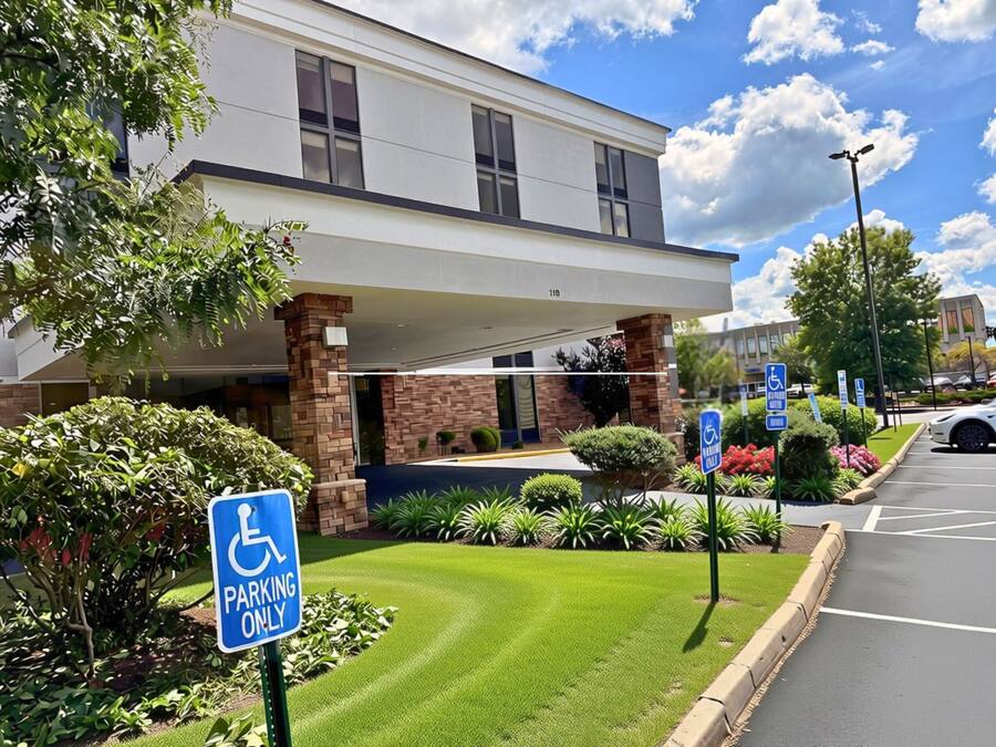 A building with a covered entrance, a parking sign, and a wheelchair-accessible parking sign.