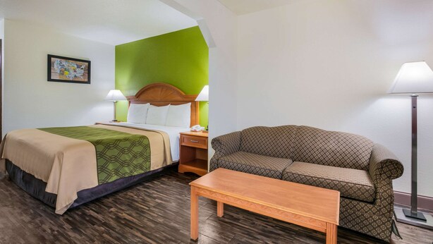 Una habitación de hotel con cama, una pared de acento verde, un sofá, una mesa de madera y una mesita de noche con lámpara.