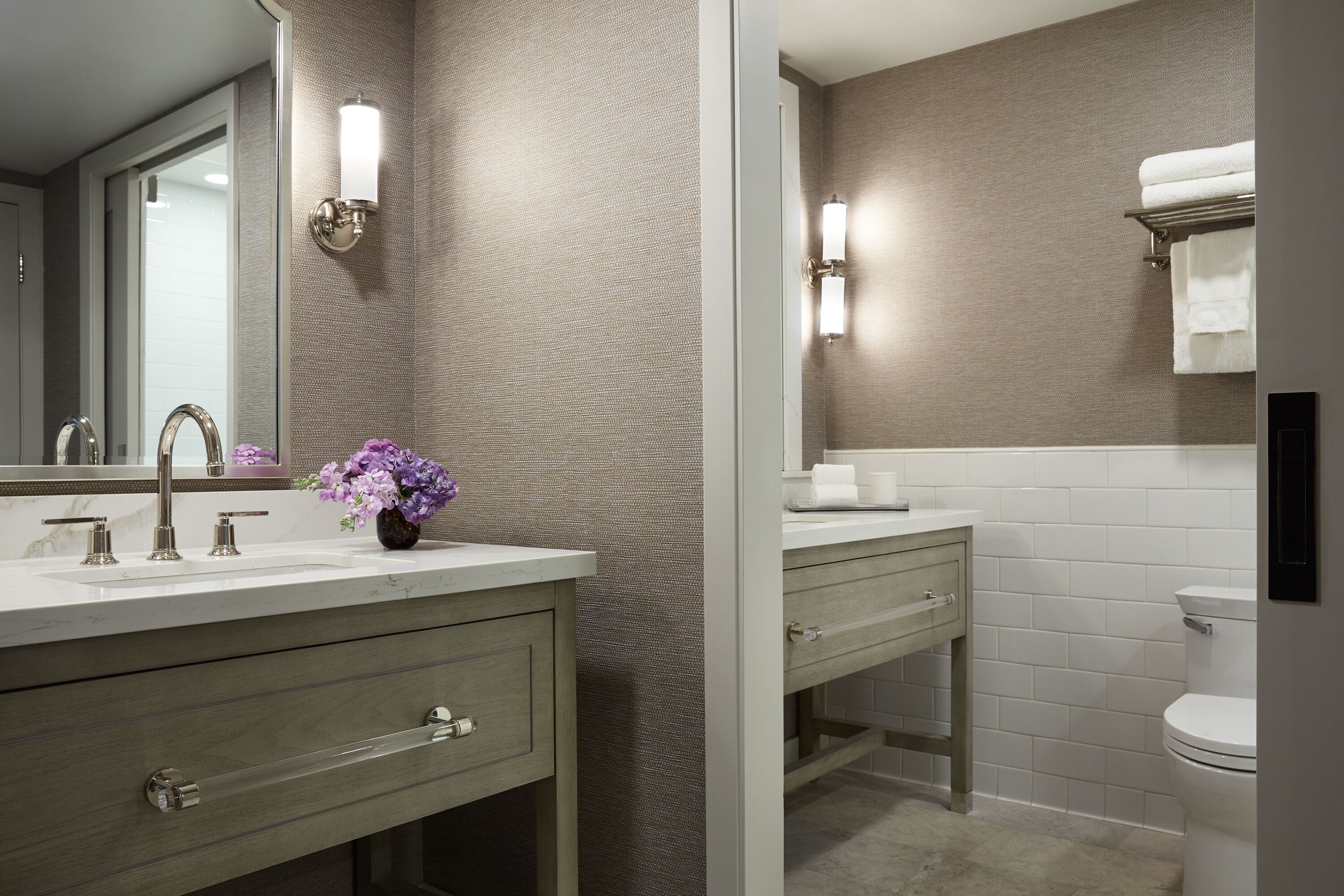 designer toiletries, hair dryer, bathrobes, towels