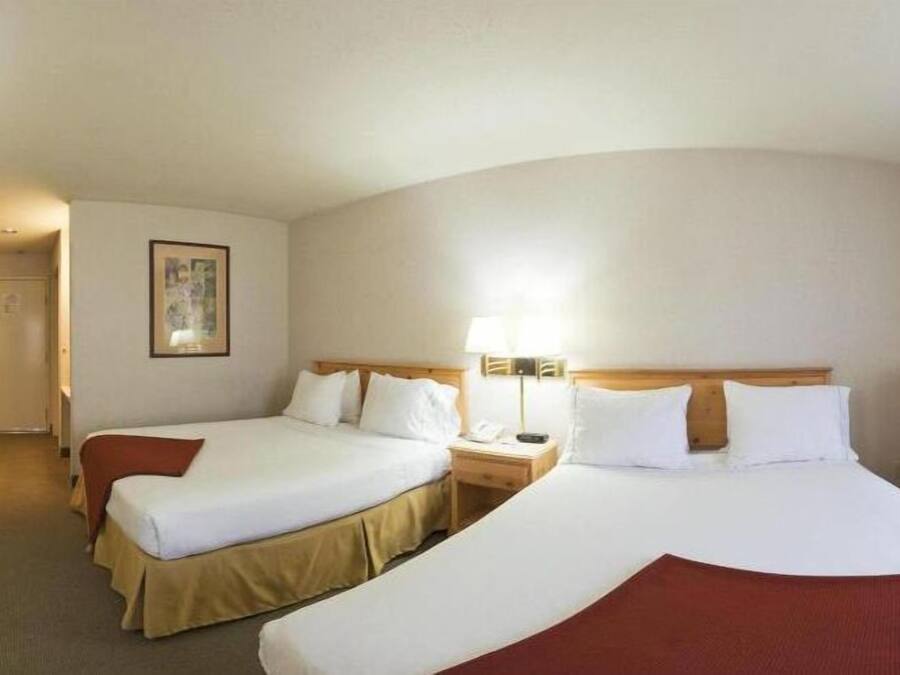 A hotel room with two beds, a television, a bedside lamp, and a microwave.