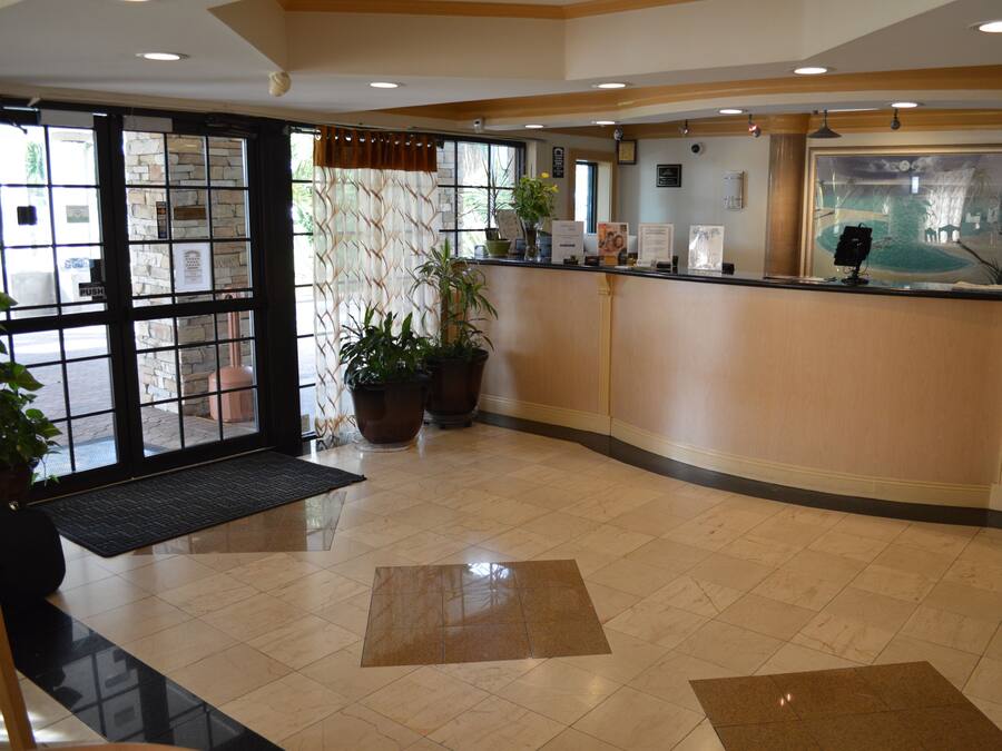 A hotel reception area with a tiled floor, a reception desk, potted plants, and a large window with a view of the outdoors.