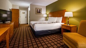 Una habitación de hotel con cama, televisión, escritorio, silla y alfombra estampada.