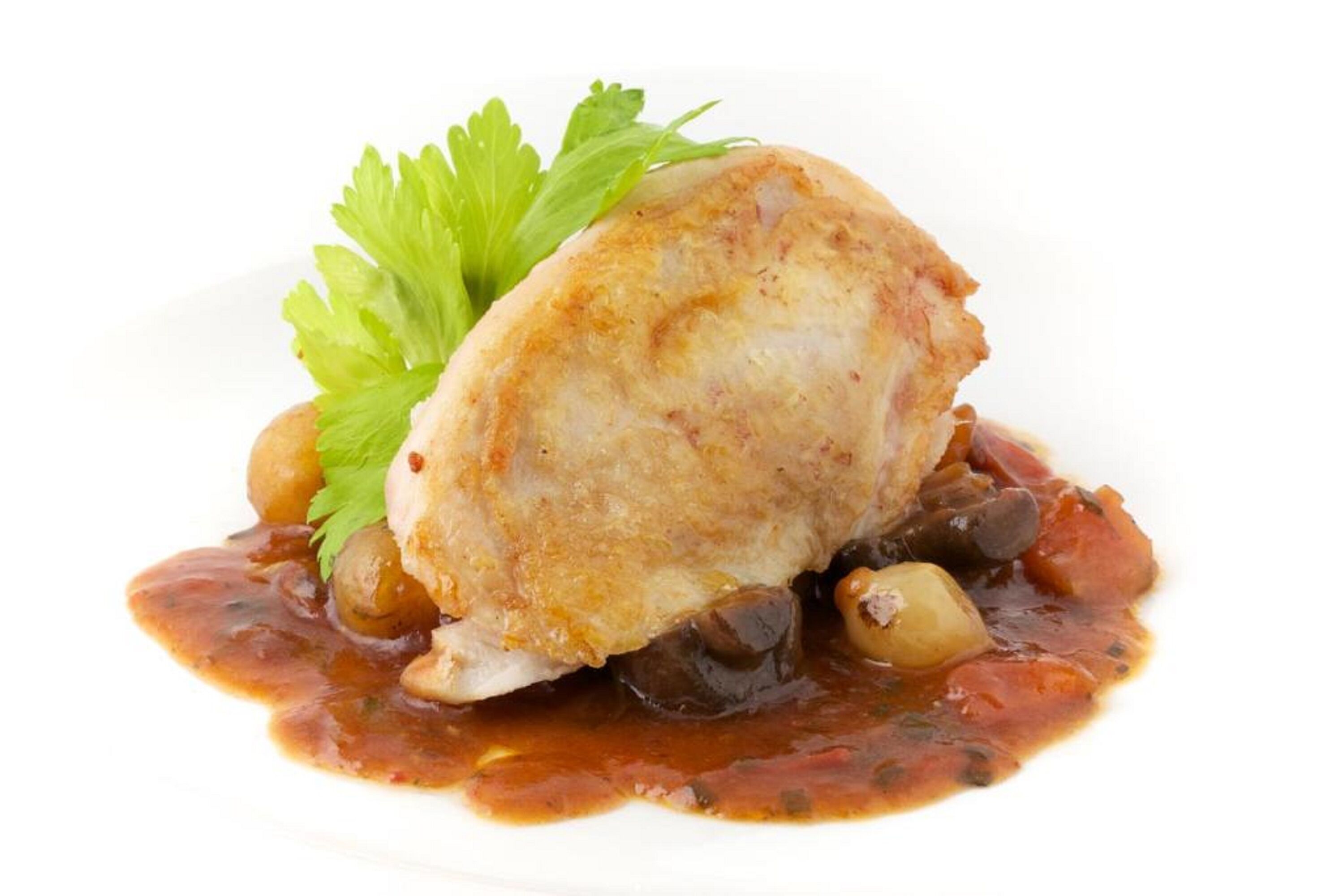 Un plat composé d’un morceau de viande, éventuellement du poulet, servi avec une sauce et des légumes.