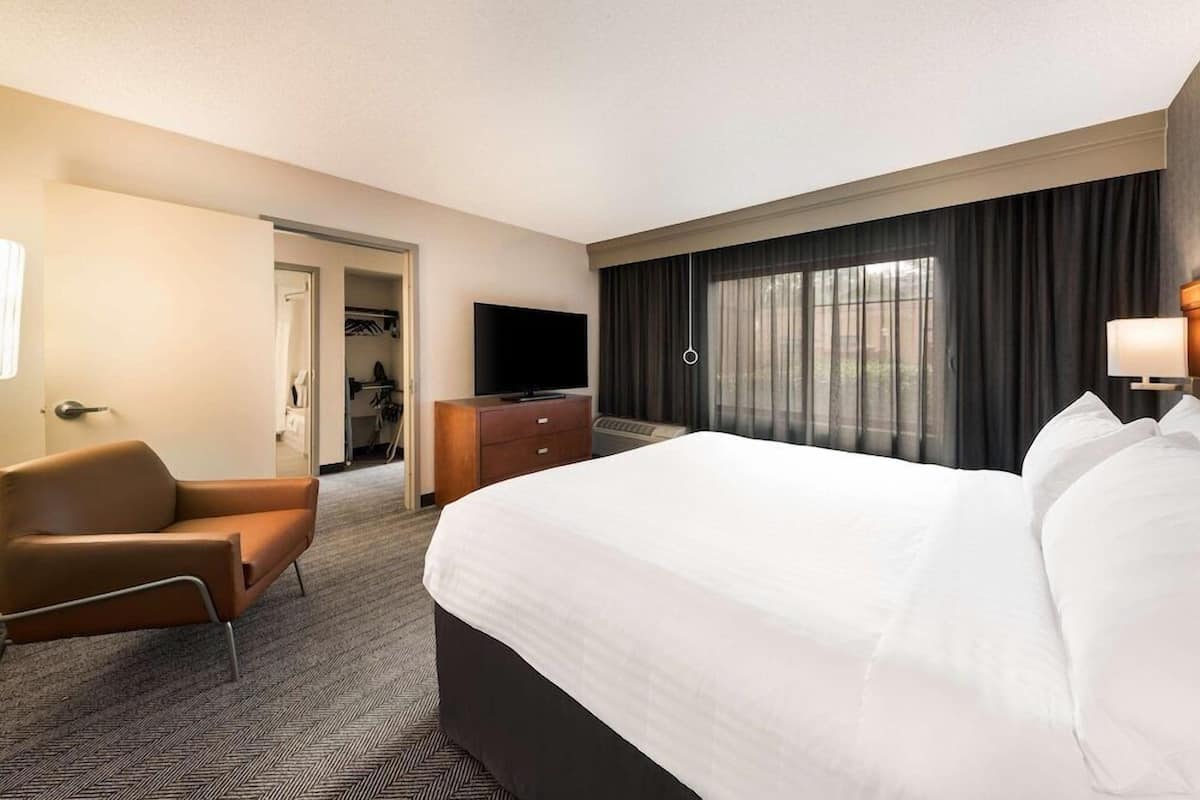 Una habitación de hotel con una cama grande, televisor, escritorio y una silla.