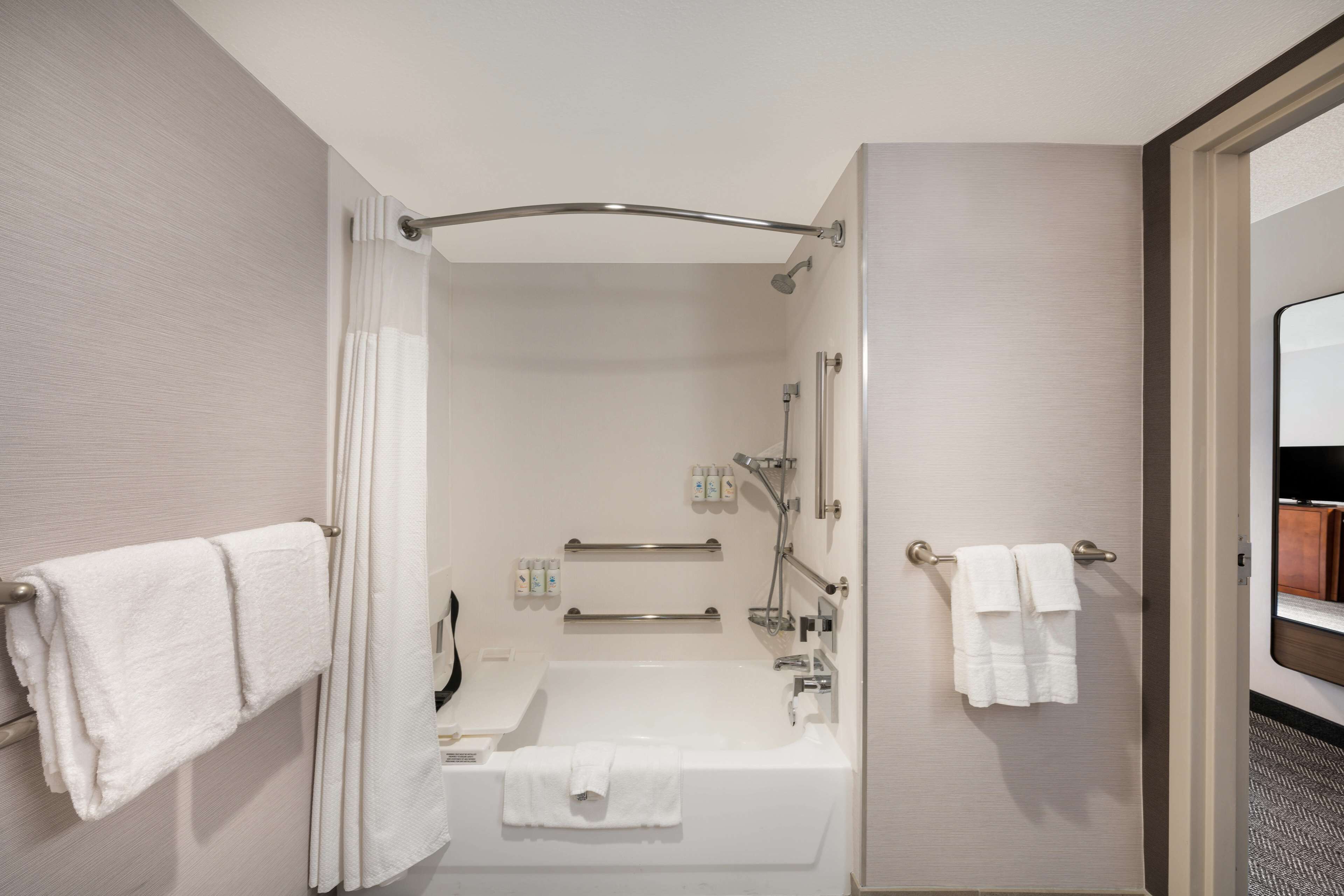 combined shower/bathtub, free toiletries, hair dryer, towels