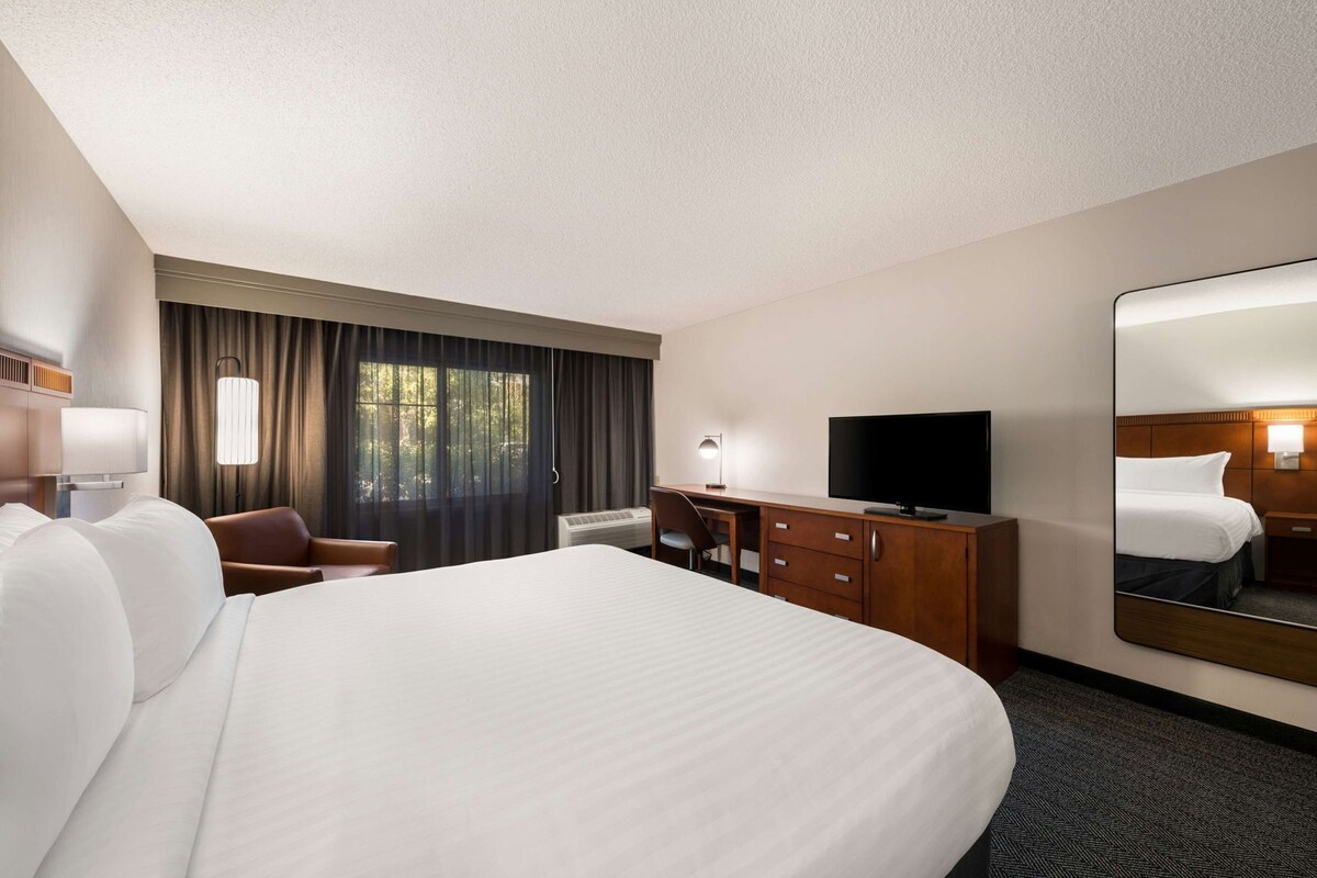 A hotel room with a large bed, a desk with a flat-screen TV, a chair, a dresser, and a large mirror.