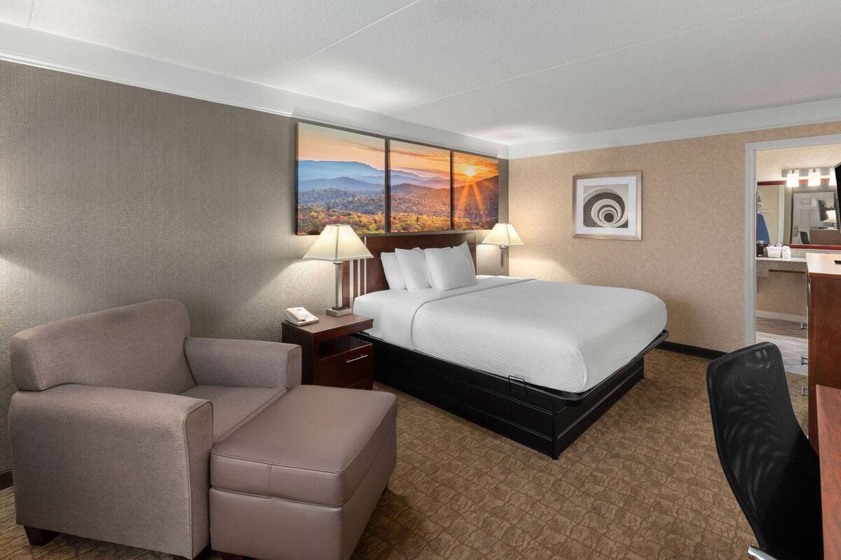 Een hotelkamer met een bed, twee bedlampen, een stoel, een bureau en een schilderij van een zonsondergang.