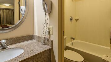 Combined shower/tub, deep soaking tub, free toiletries, hair dryer
