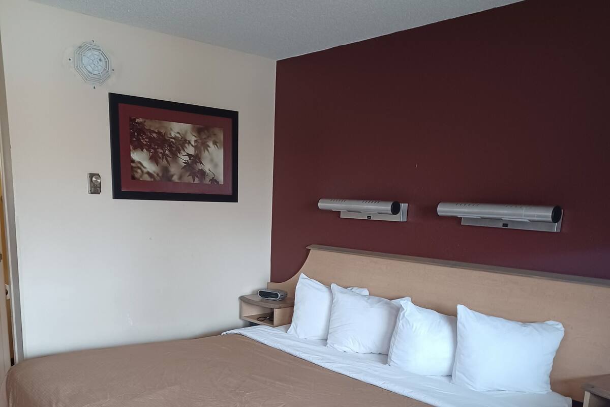 A hotel room with a large bed, a nightstand, a wall-mounted heater, and a framed picture on the wall.