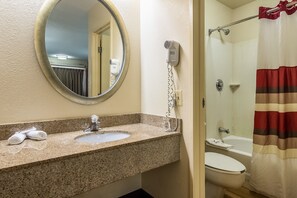 Combined shower/tub, deep soaking tub, free toiletries, hair dryer