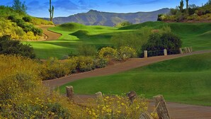 Un parcours de golf avec des collines verdoyantes, des cactus et un ciel bleu azur.