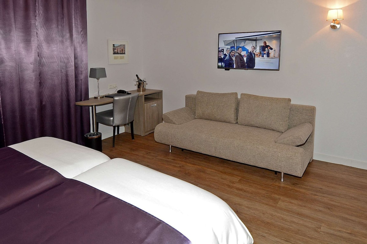 Une chambre d’hôtel avec un lit, un bureau, un canapé, une télévision et un tableau au mur.