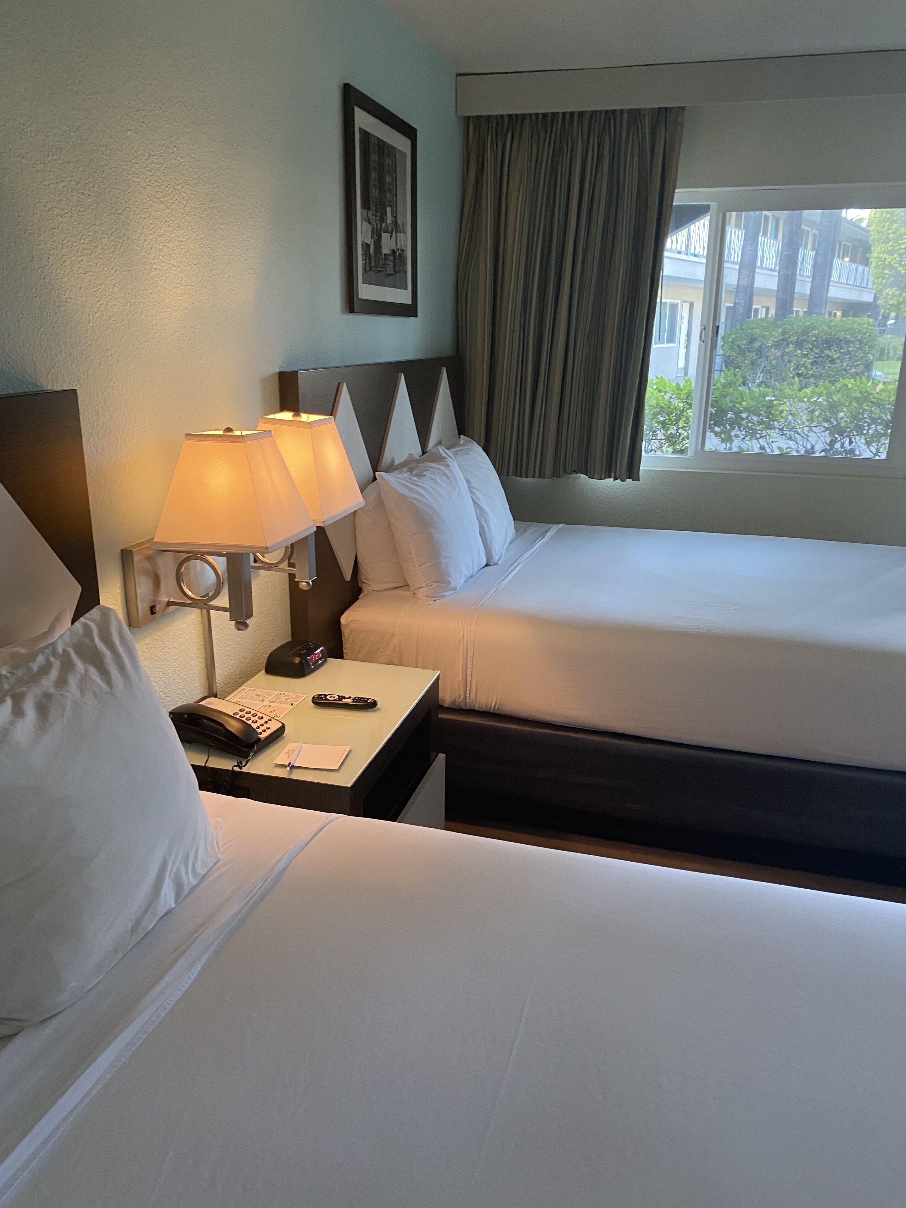 A hotel room with two beds, a nightstand with a lamp, a telephone, and a window with curtains.