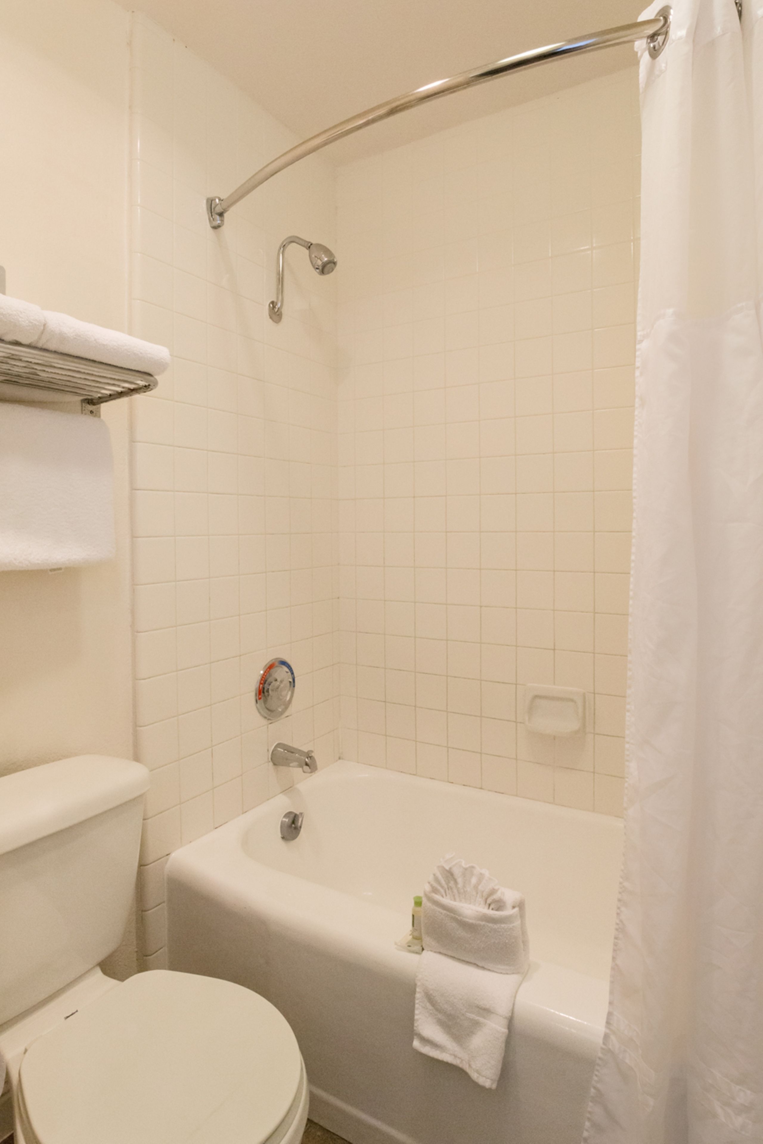 A bathroom with a toilet, bathtub, and shower curtain.