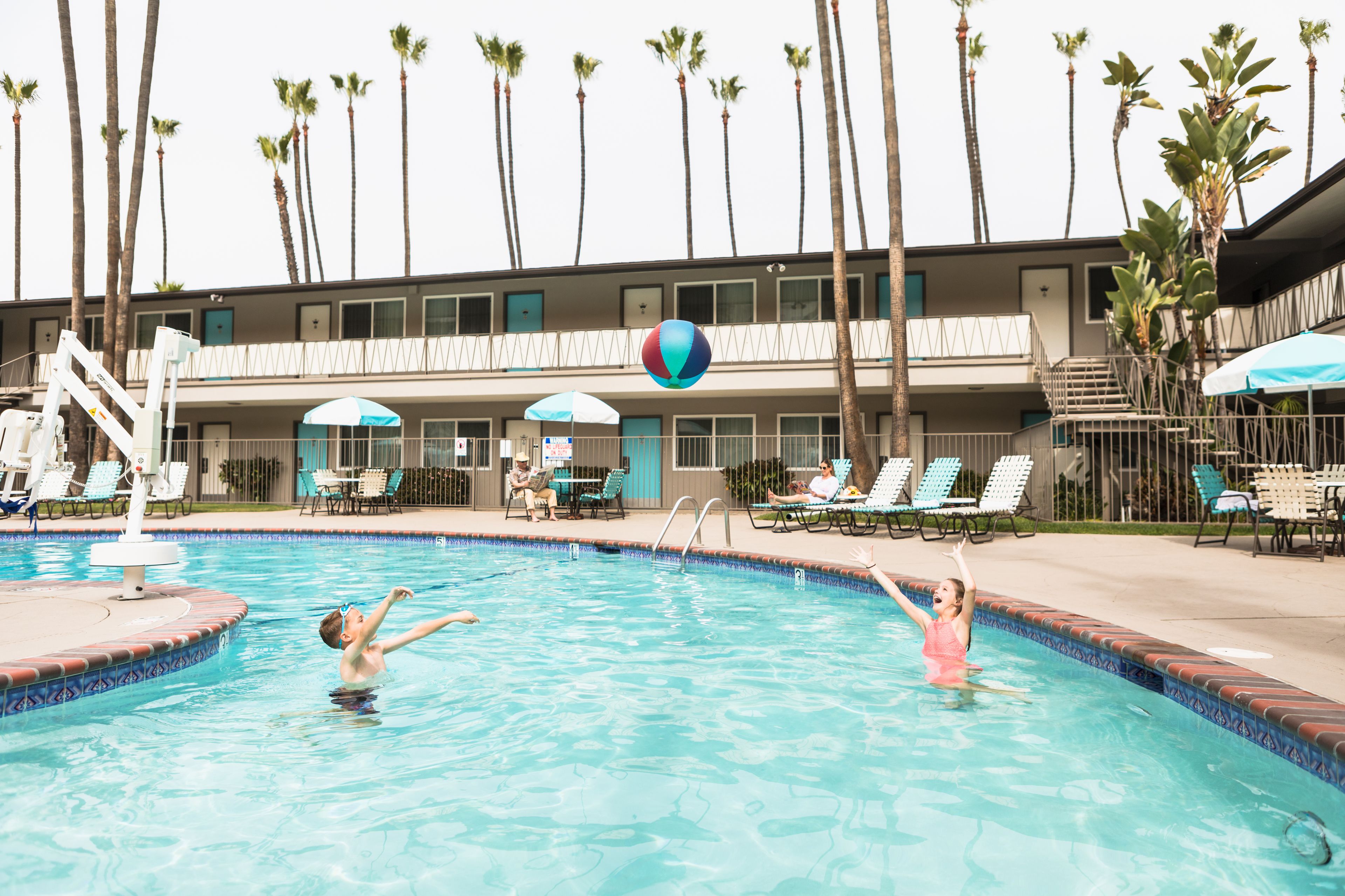 Un área de piscina con sillas de descanso y sombrillas, rodeada de palmeras.
