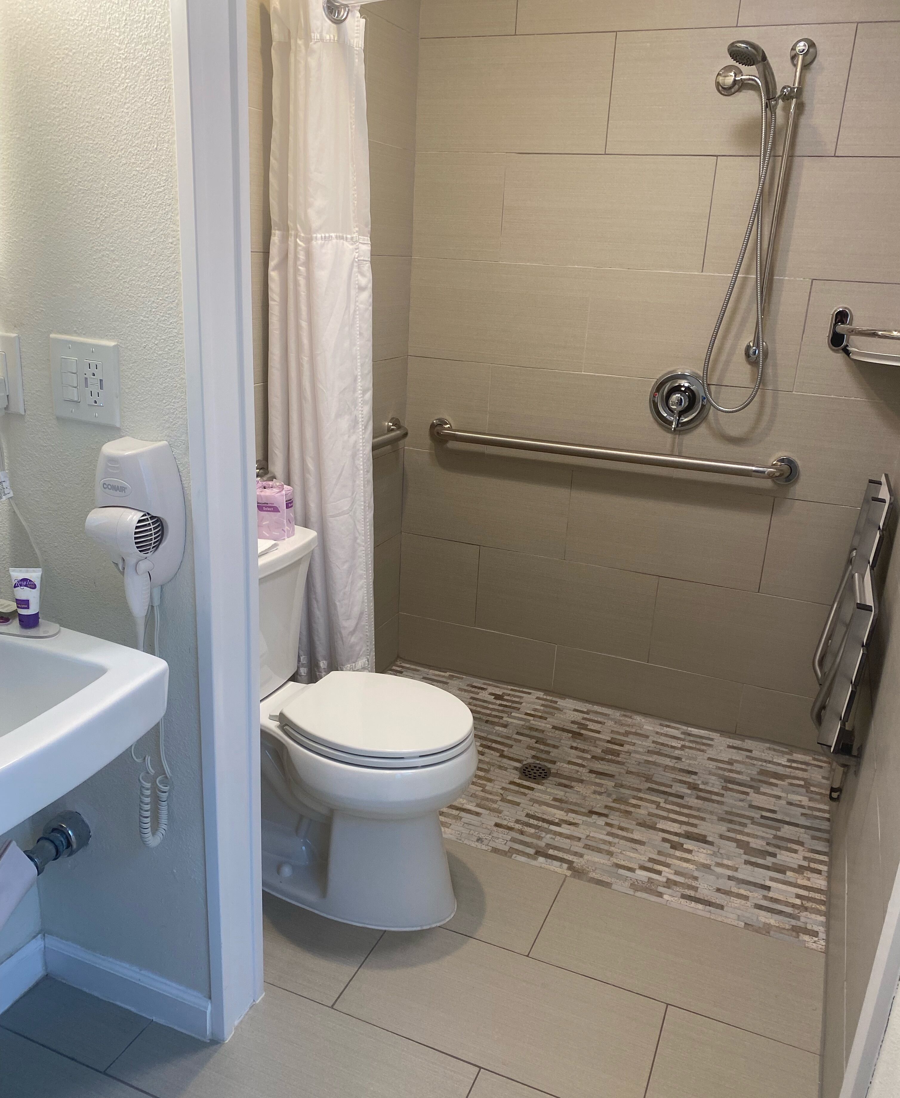 A bathroom with a toilet, a shower with a grab bar, a white sink, and a hairdryer.