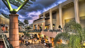 A multi-level shopping mall with escalators, palm trees, and various shops.